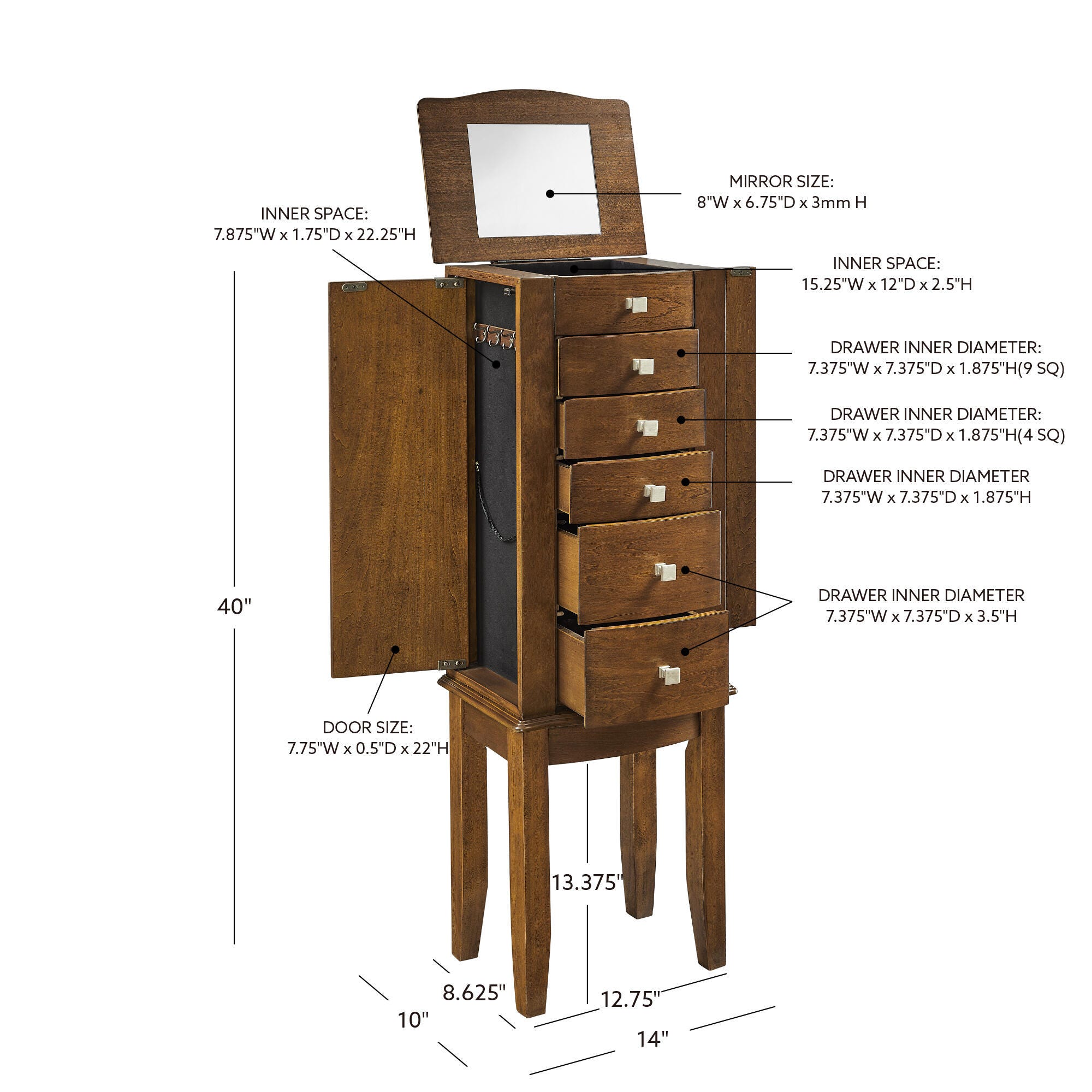 Linon Zaran Jewelry 5 Drawer Armoire, , large