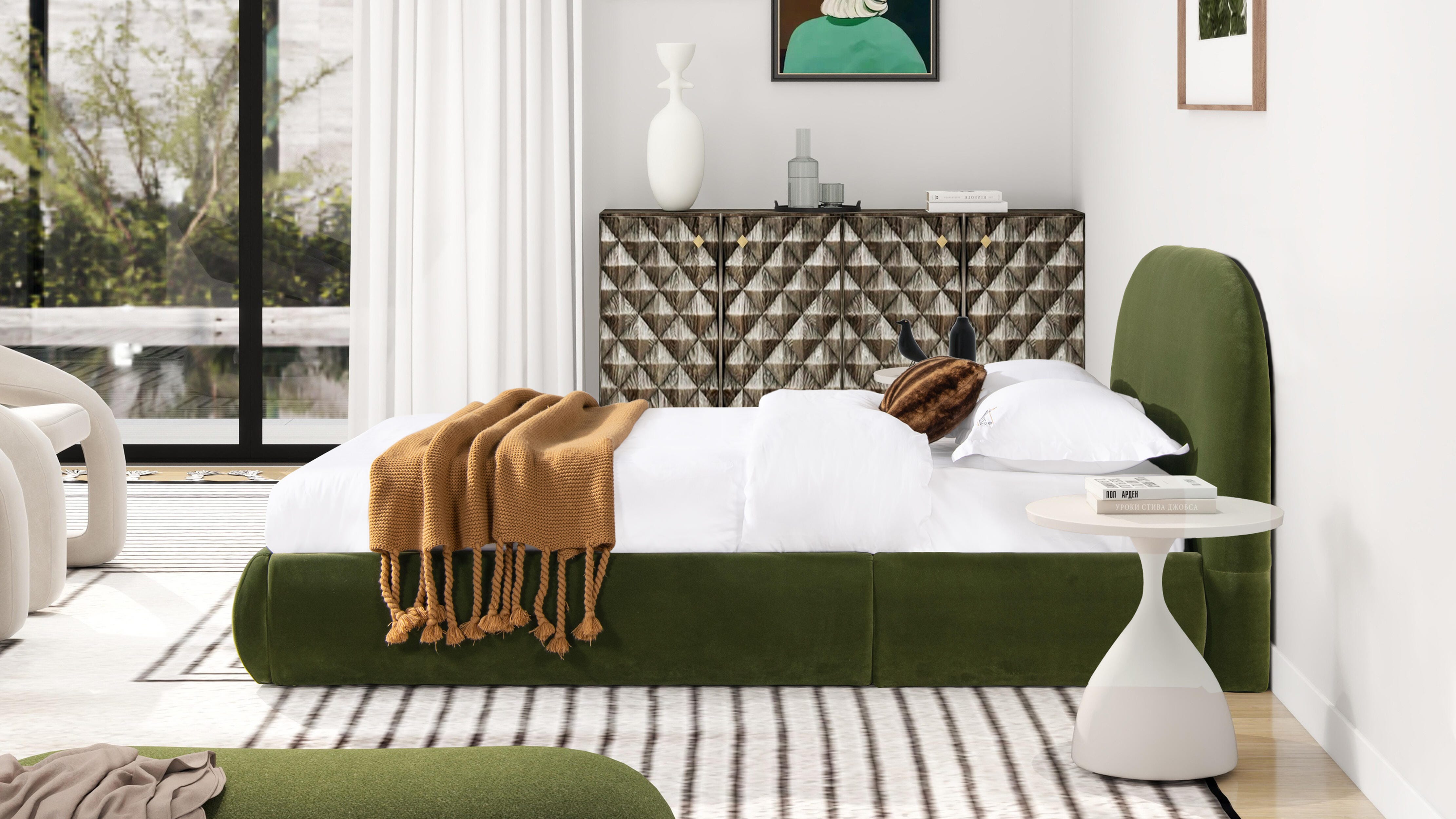 Jennifer Taylor Home Archie Queen Upholstered Platform Bed, Olive Green, large