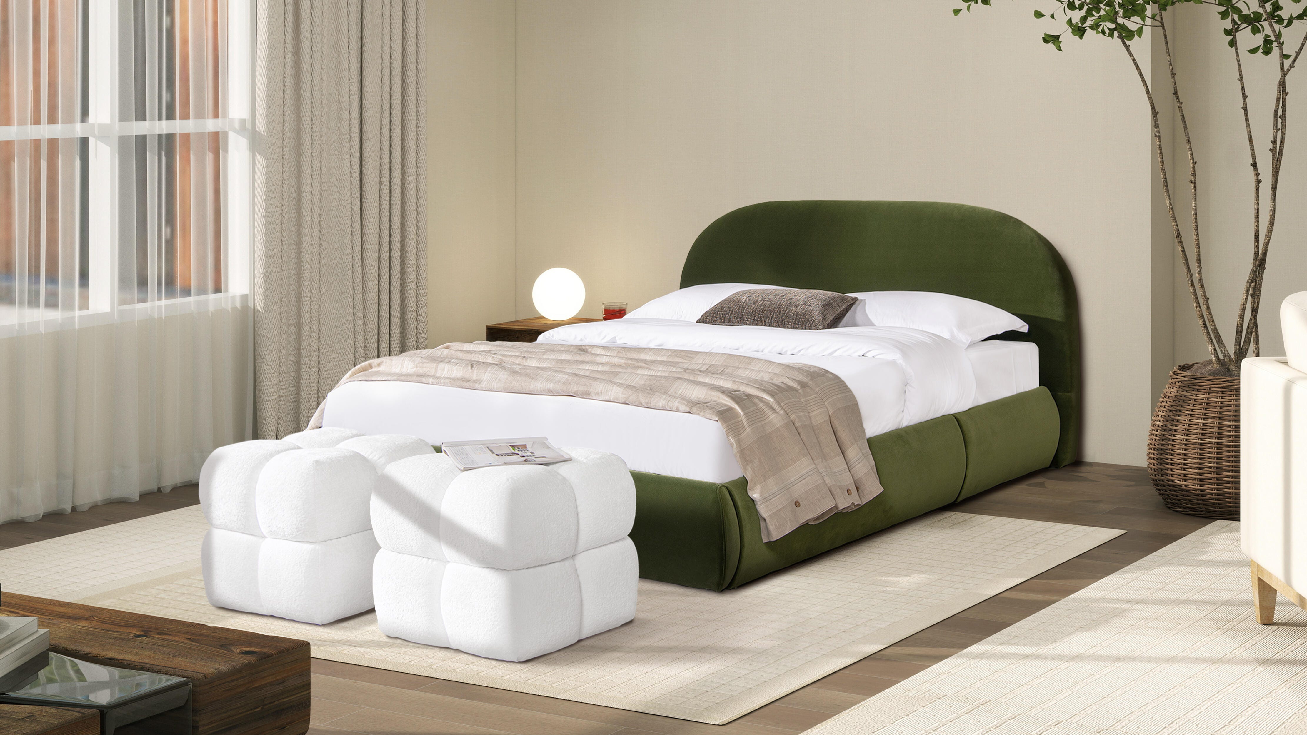 Jennifer Taylor Home Archie Queen Upholstered Platform Bed, Olive Green, large