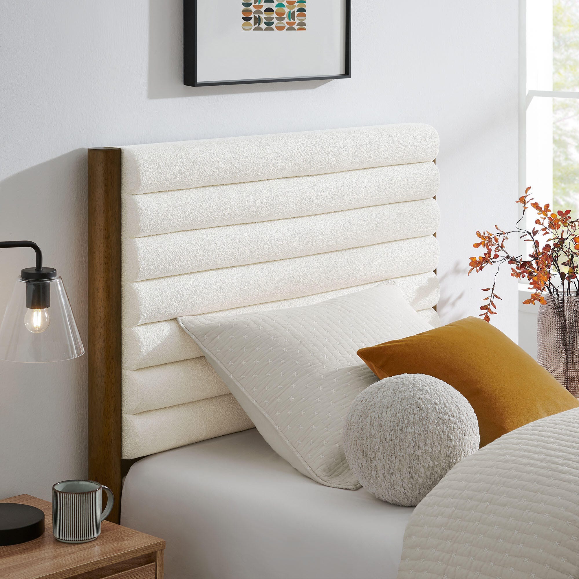 Modway Olea Twin Boucle Channel Tufted Platform Bed, Feather Walnut, large
