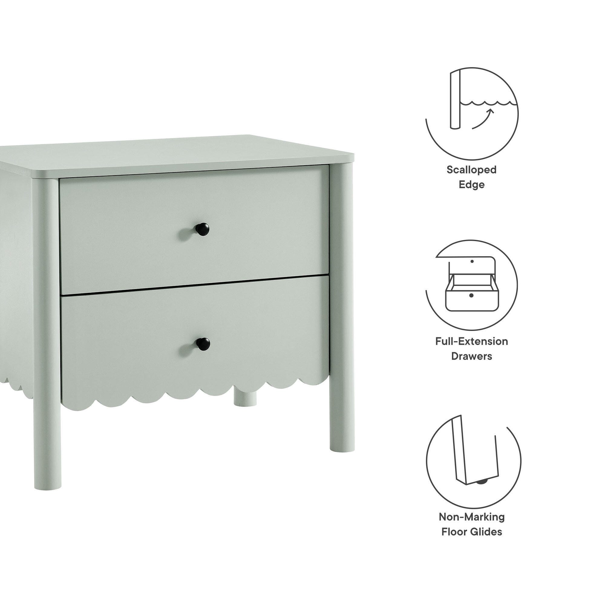 Modway Emmeline Scalloped 25" 2 Drawer Nightstand, Sage, large