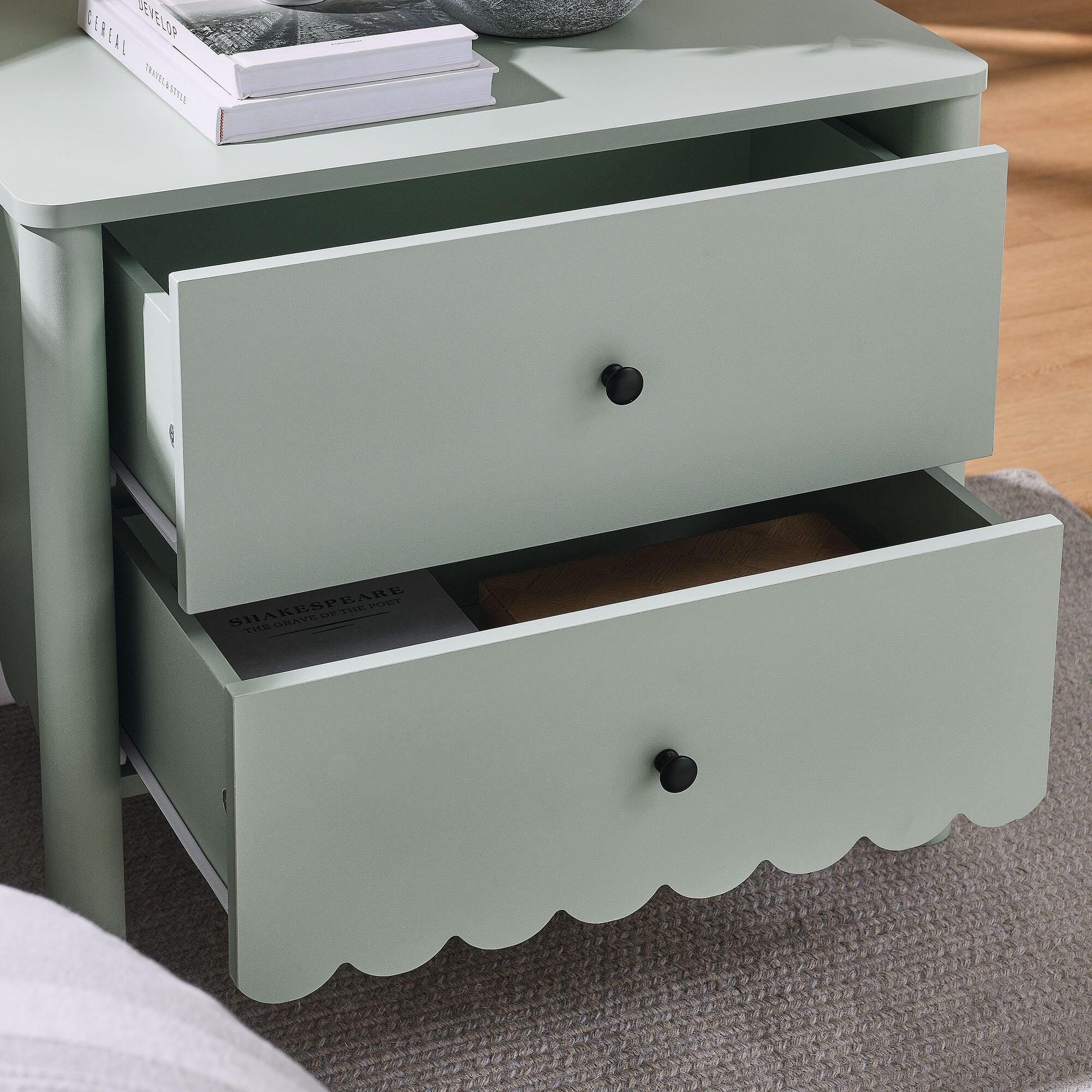 Modway Emmeline Scalloped 25" 2 Drawer Nightstand, Sage, large