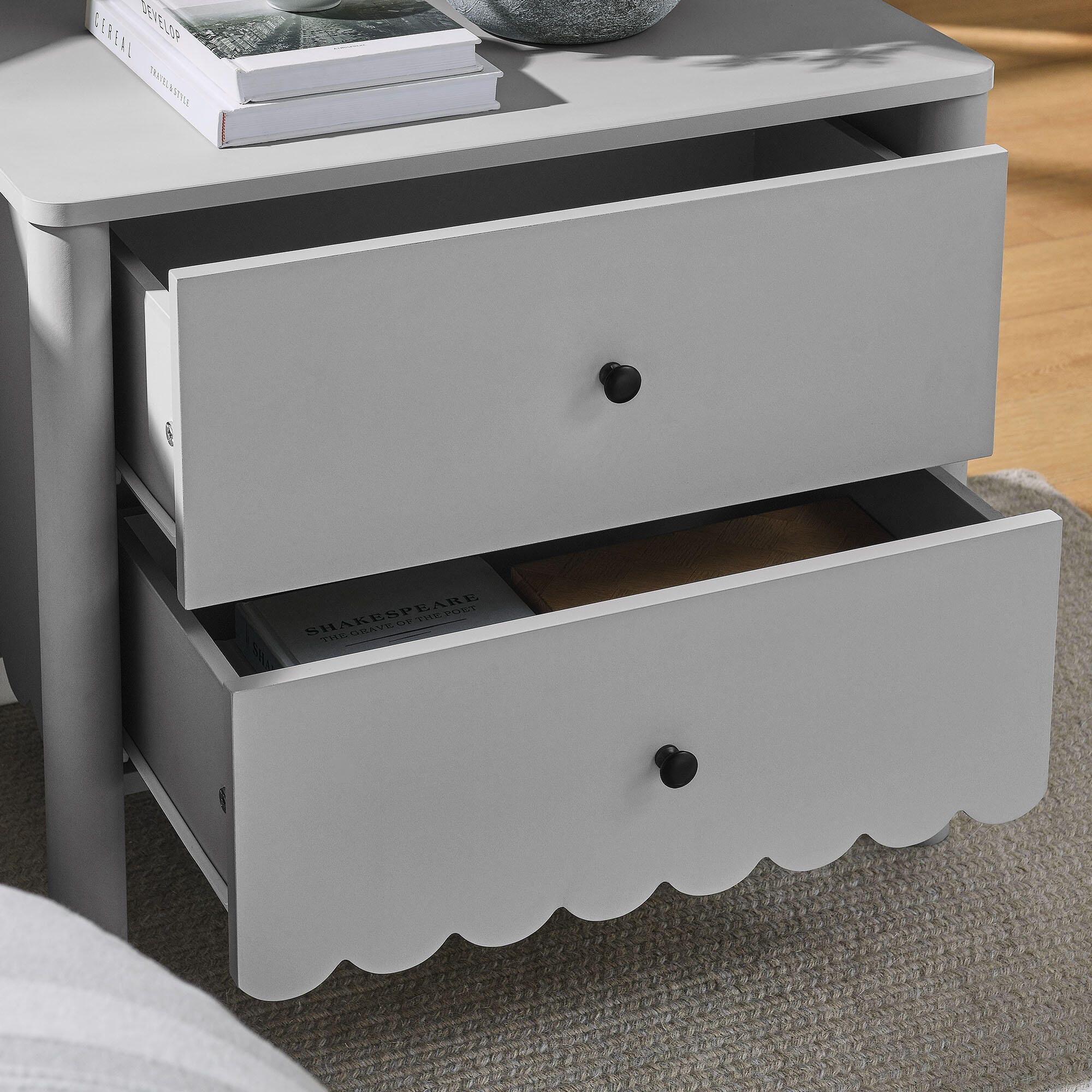 Modway Emmeline Scalloped 25" 2 Drawer Nightstand, Light Gray, large