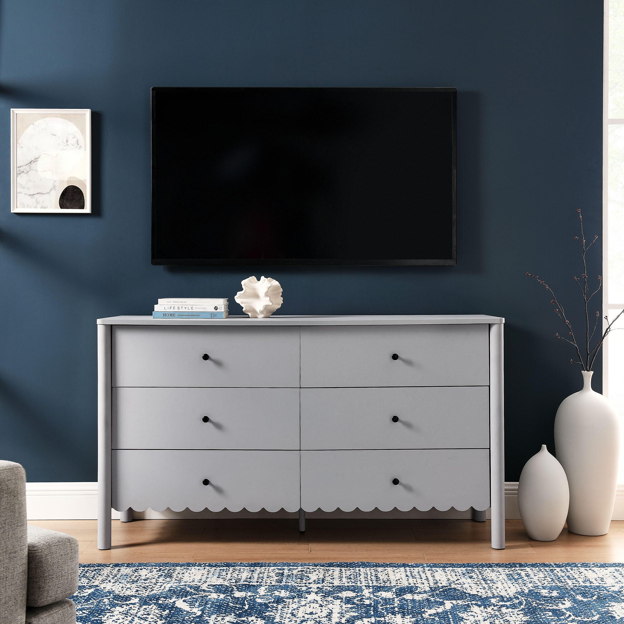 Modway Emmeline Scalloped 59" 6 Drawer Dresser, Light Gray, large