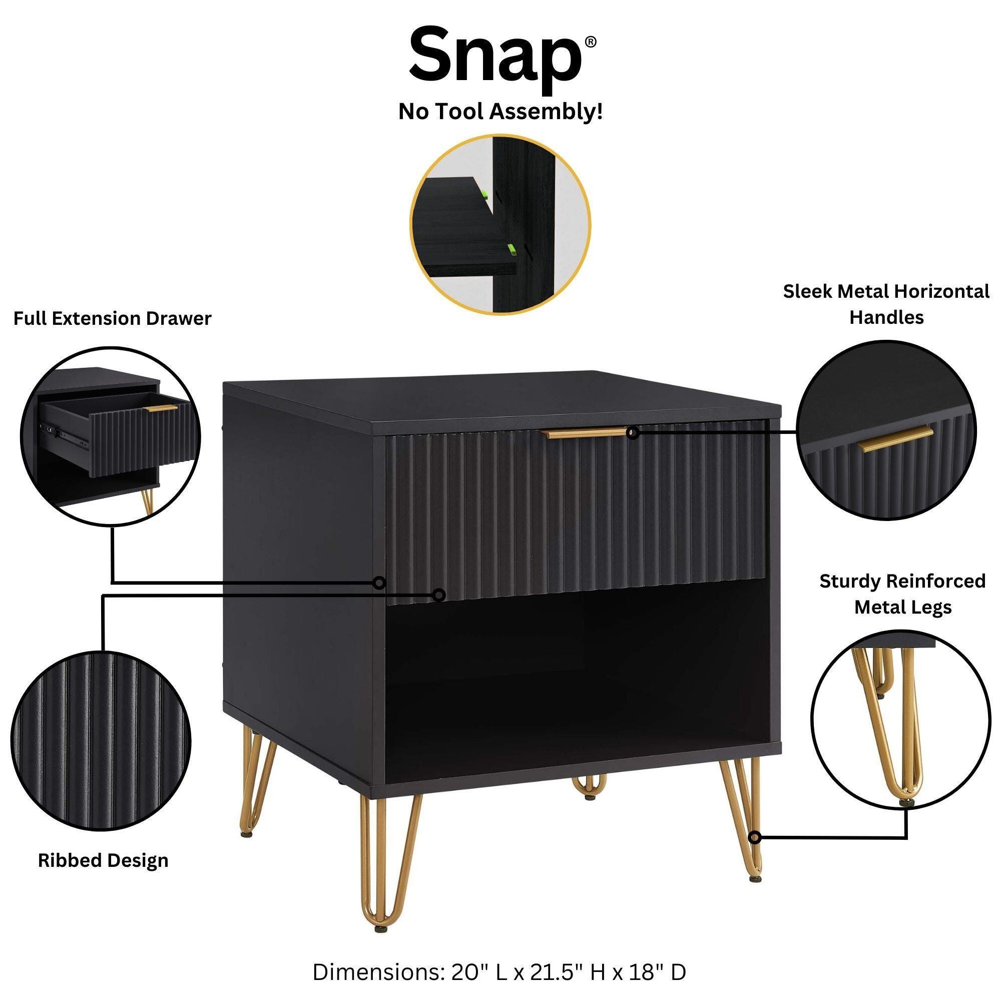 Manhattan Comfort DUMBO 20" 1 Drawer Nightstand, Black, large