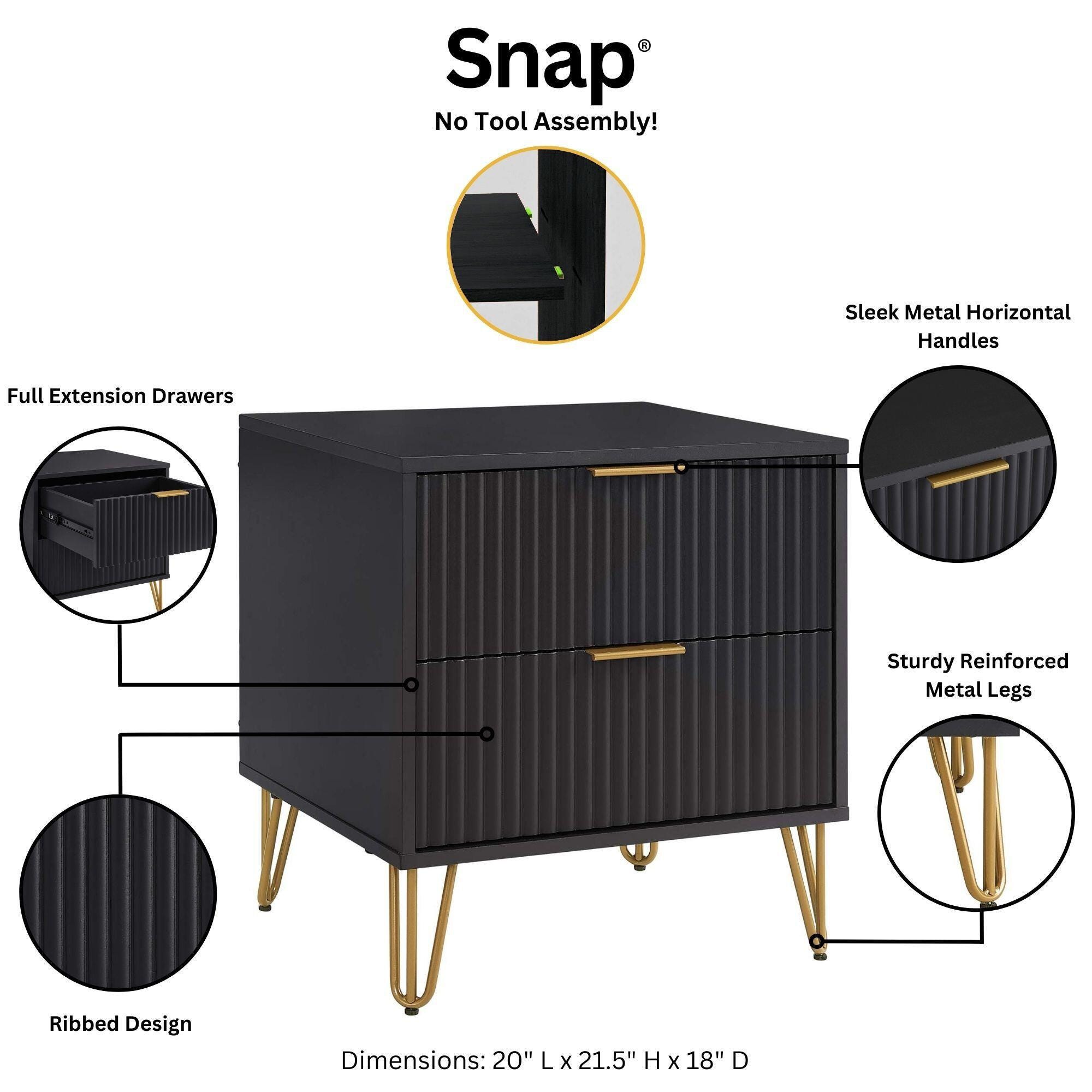 Manhattan Comfort DUMBO 20" 2 Drawer Nightstand, Black, large