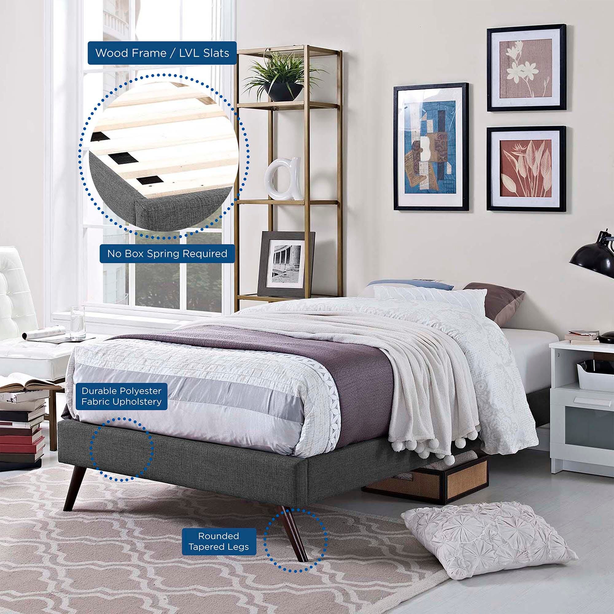 Modway Loryn Twin Bed with Round Splayed Legs, Gray, large