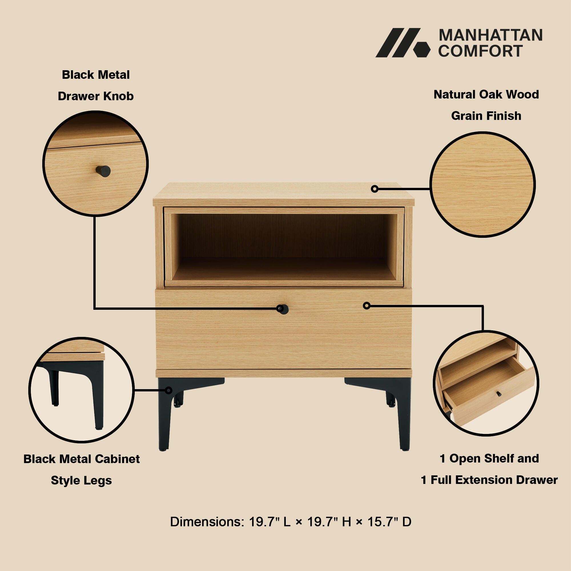 Manhattan Comfort Amara 20" 1 Drawer Nightstand, Natural Oak, large