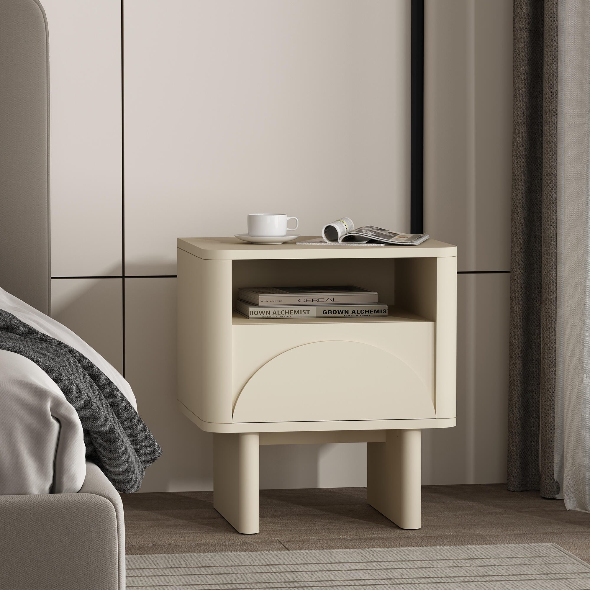 Manhattan Comfort Ella 20" 1 Drawer Nightstand, Cream, large