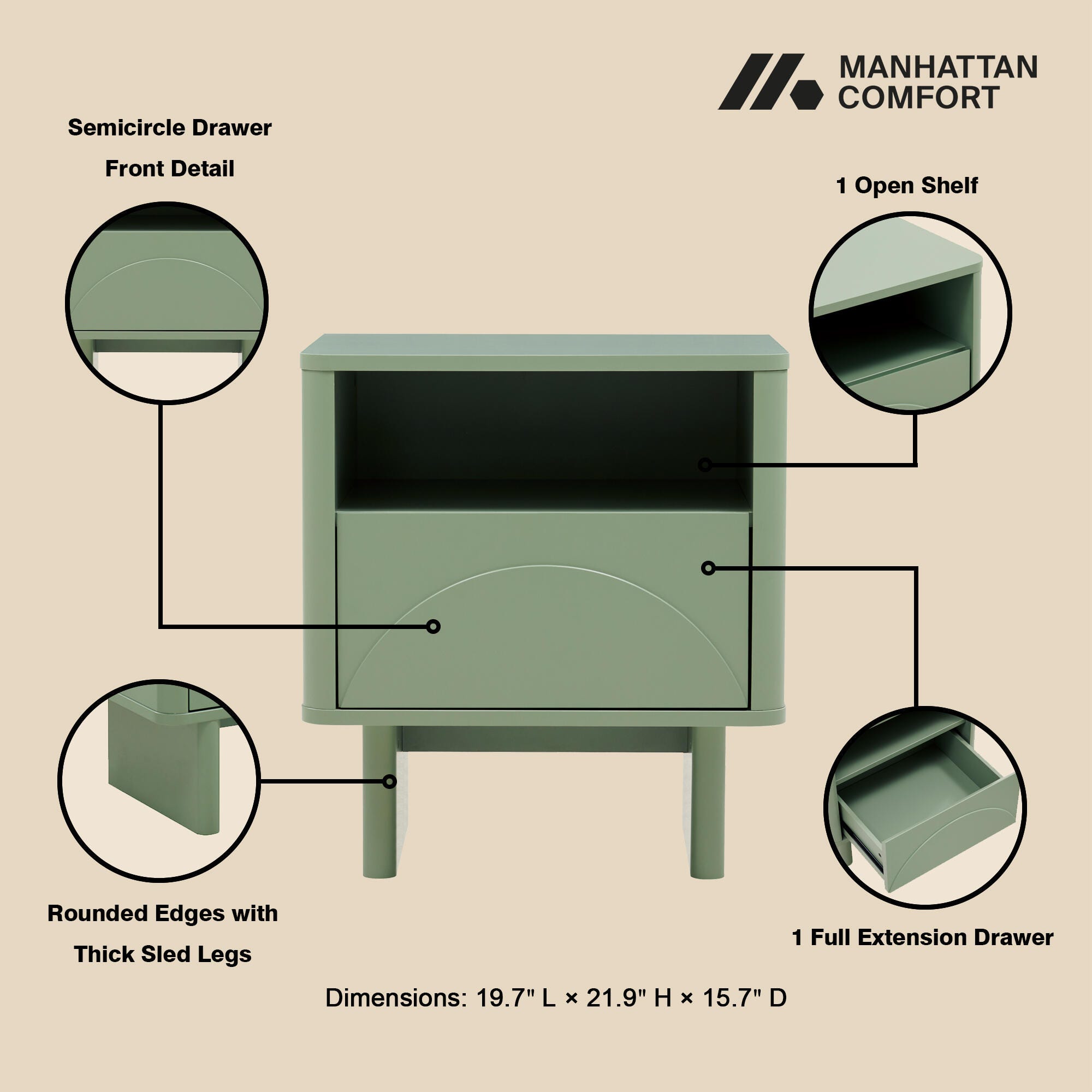 Manhattan Comfort Ella 20" 1 Drawer Nightstand, Sage Green, large