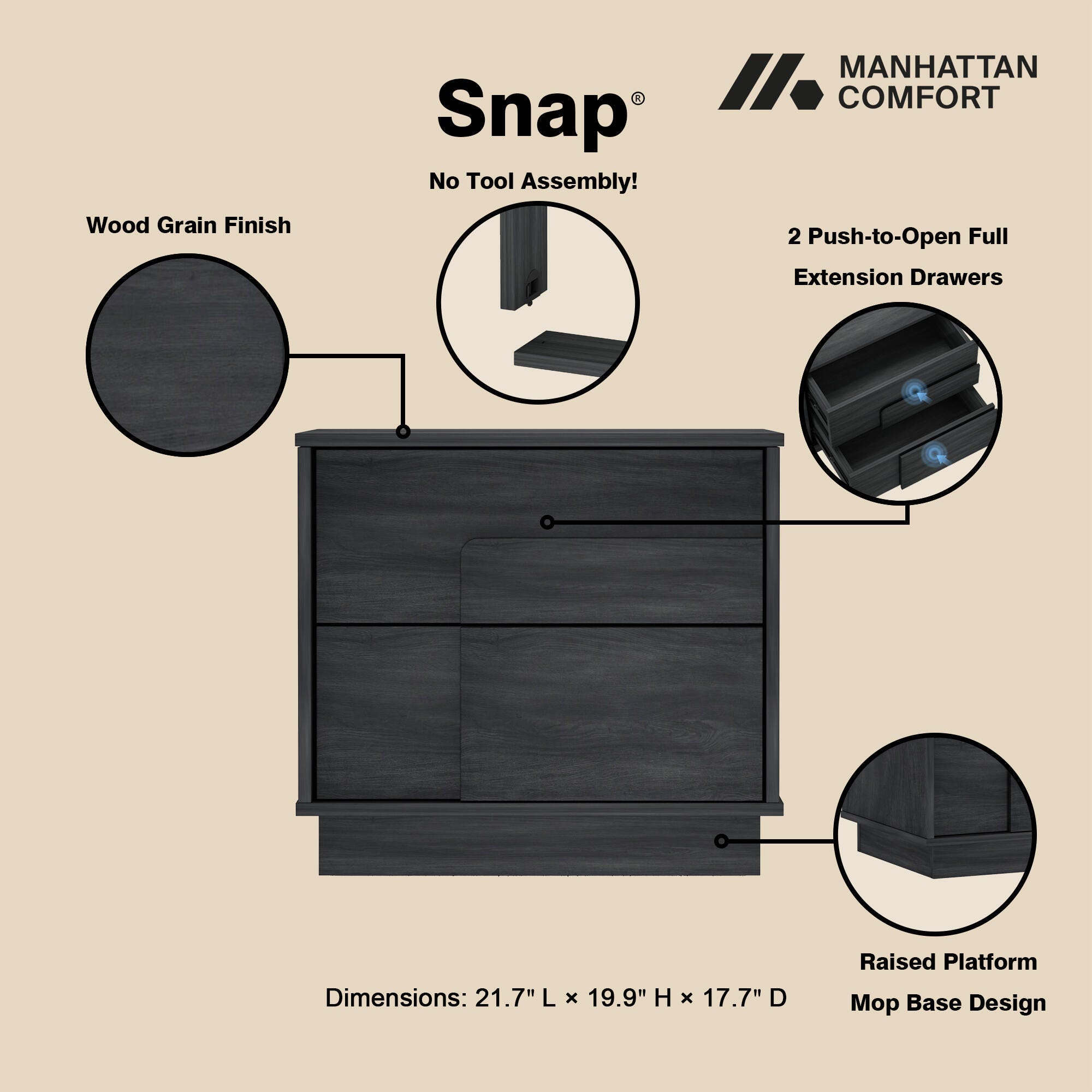 Manhattan Comfort Horizon 22" 2 Drawer Nightstand, Charcoal Gray, large