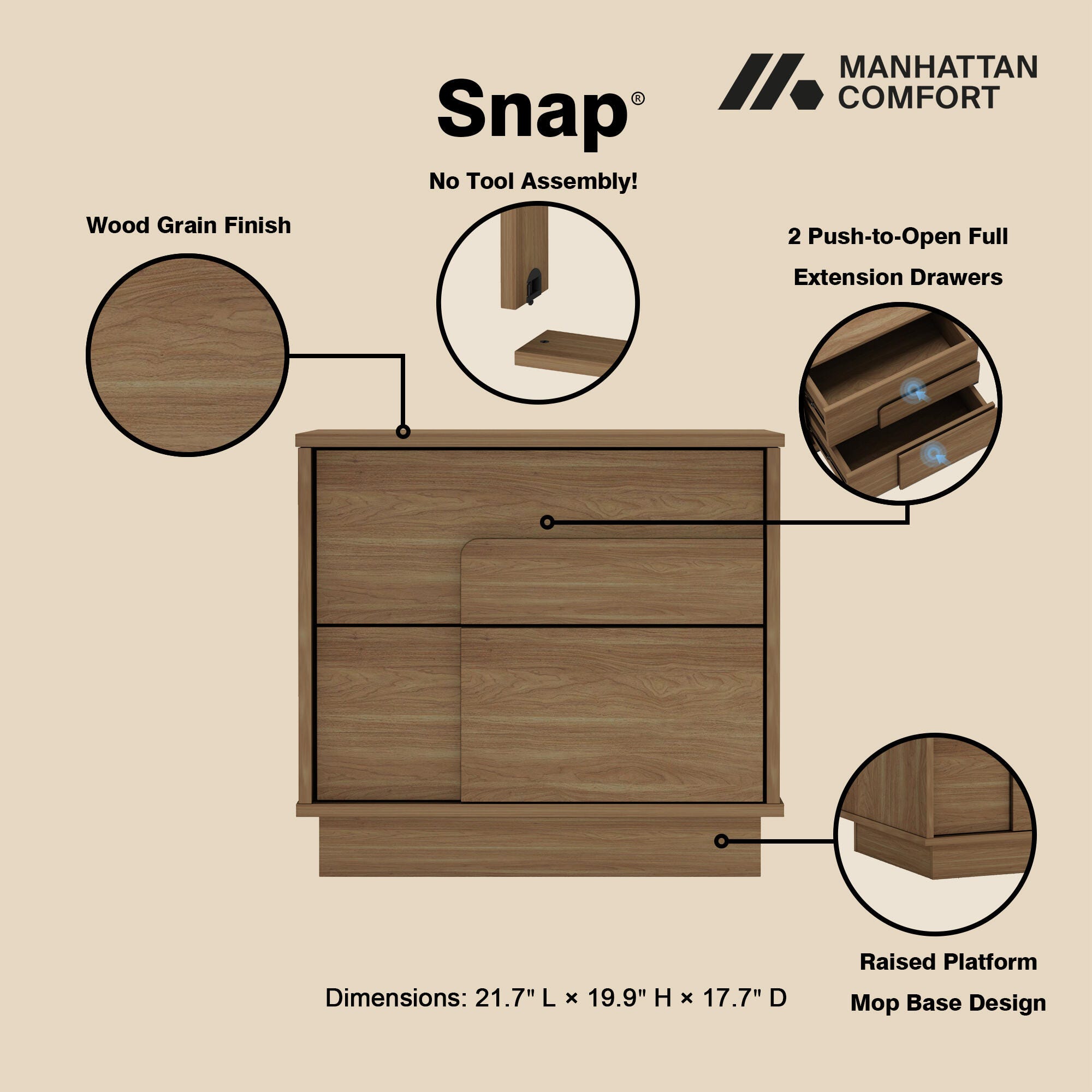 Manhattan Comfort Horizon 22" 2 Drawer Nightstand, Maple, large