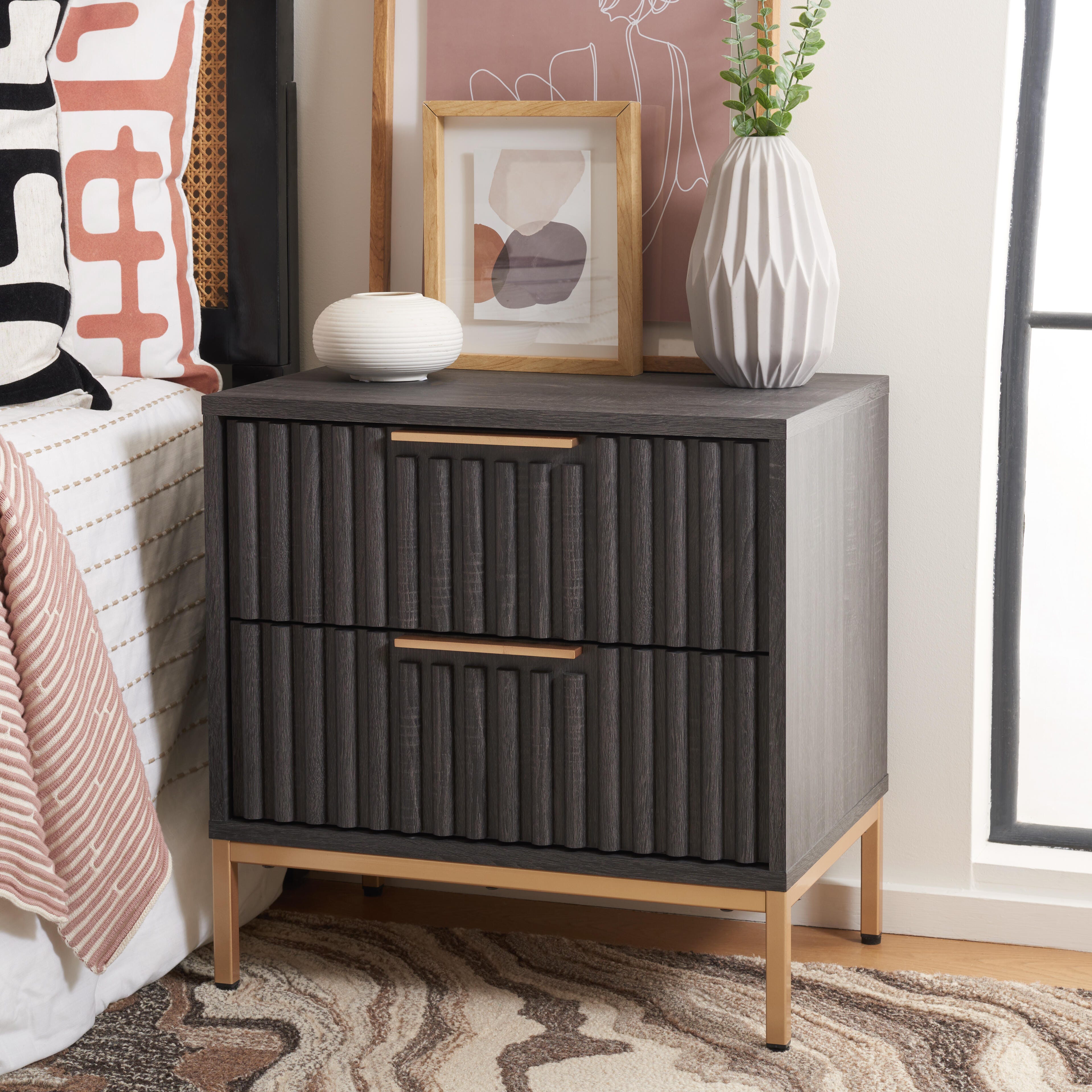 Safavieh Lylia 22" 2 Drawer Nightstand, Distressed Black/Gold, large