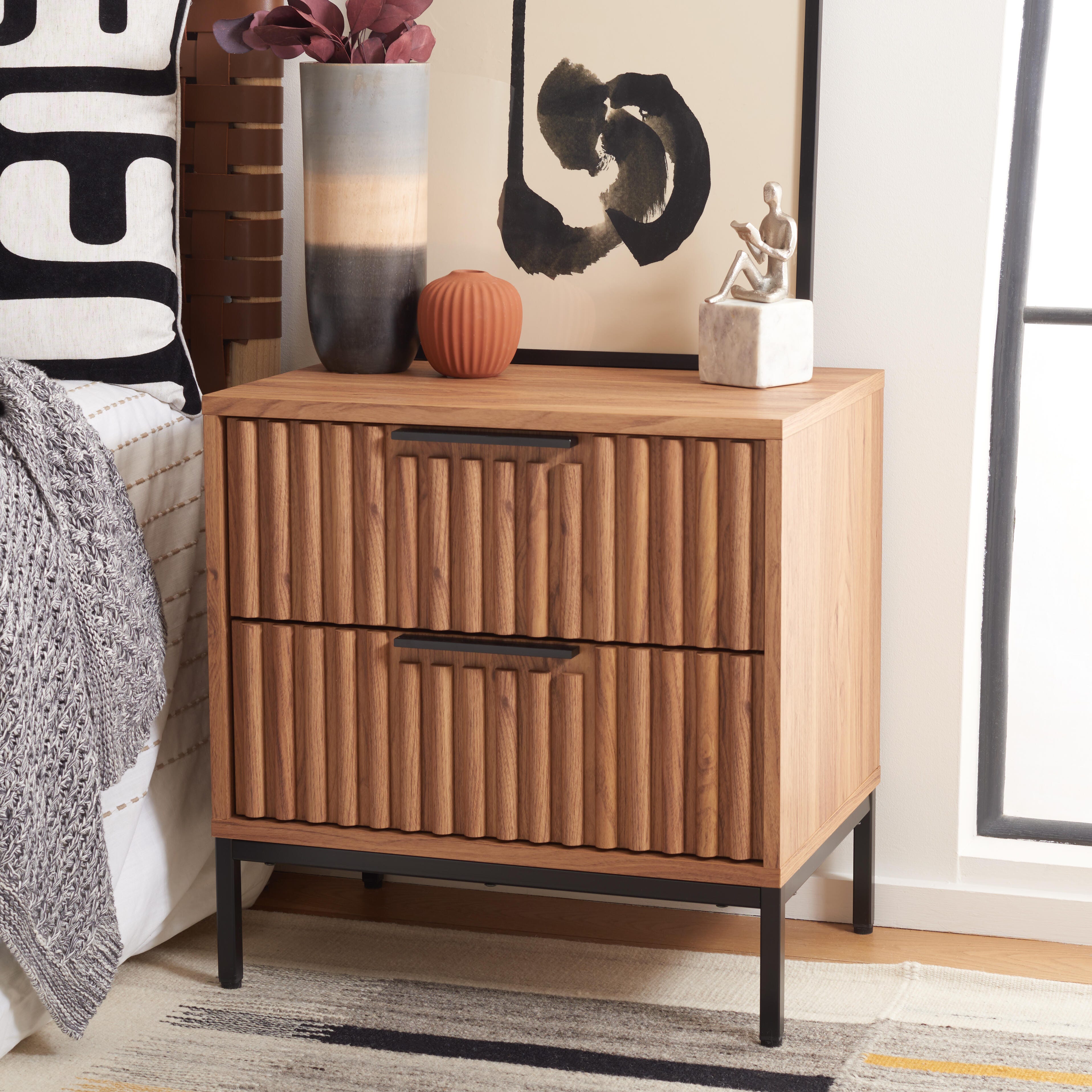 Safavieh Lylia 22" 2 Drawer Nightstand, Oak/Black, rollover