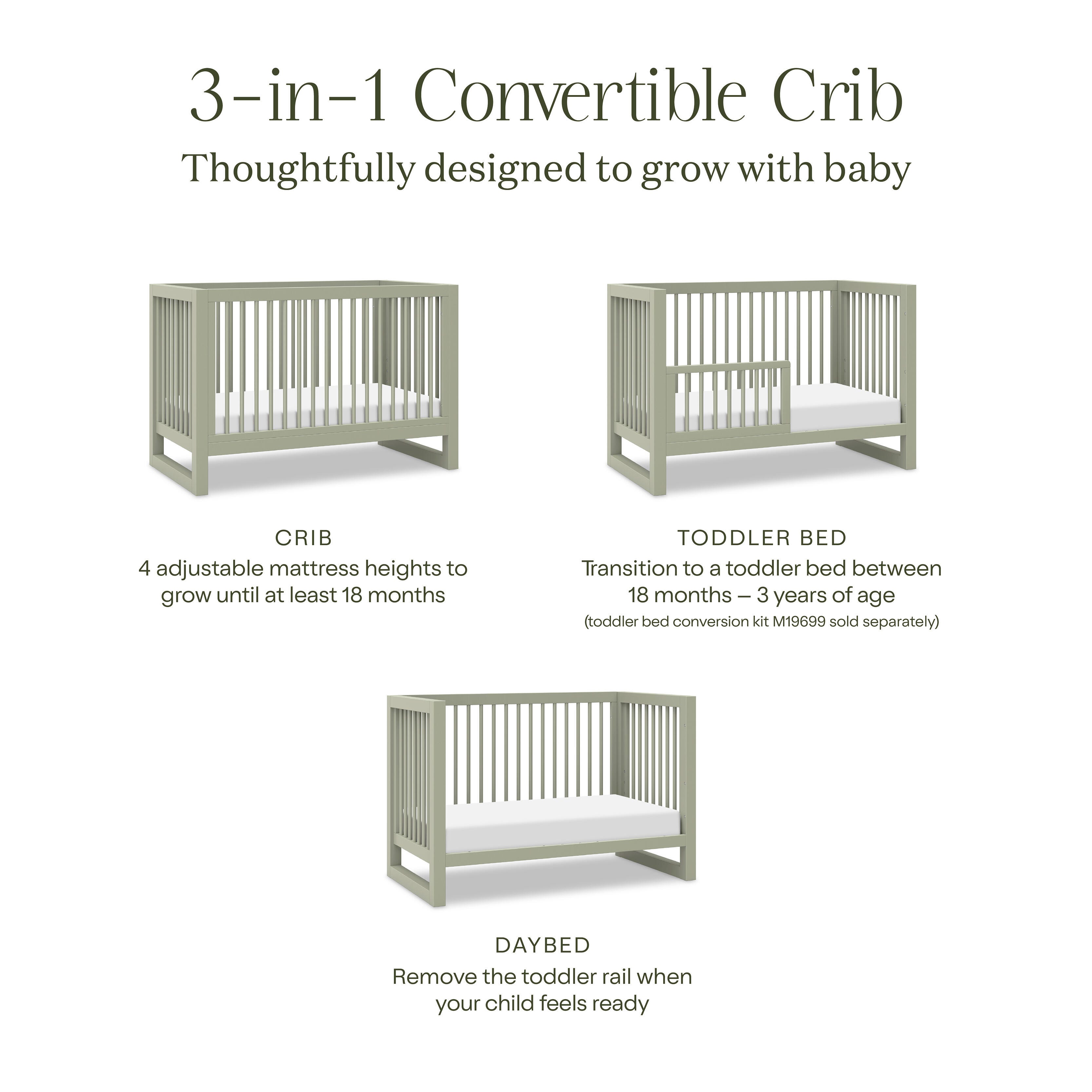Namesake Nantucket 3-in-1 Convertible Crib, Sage, large