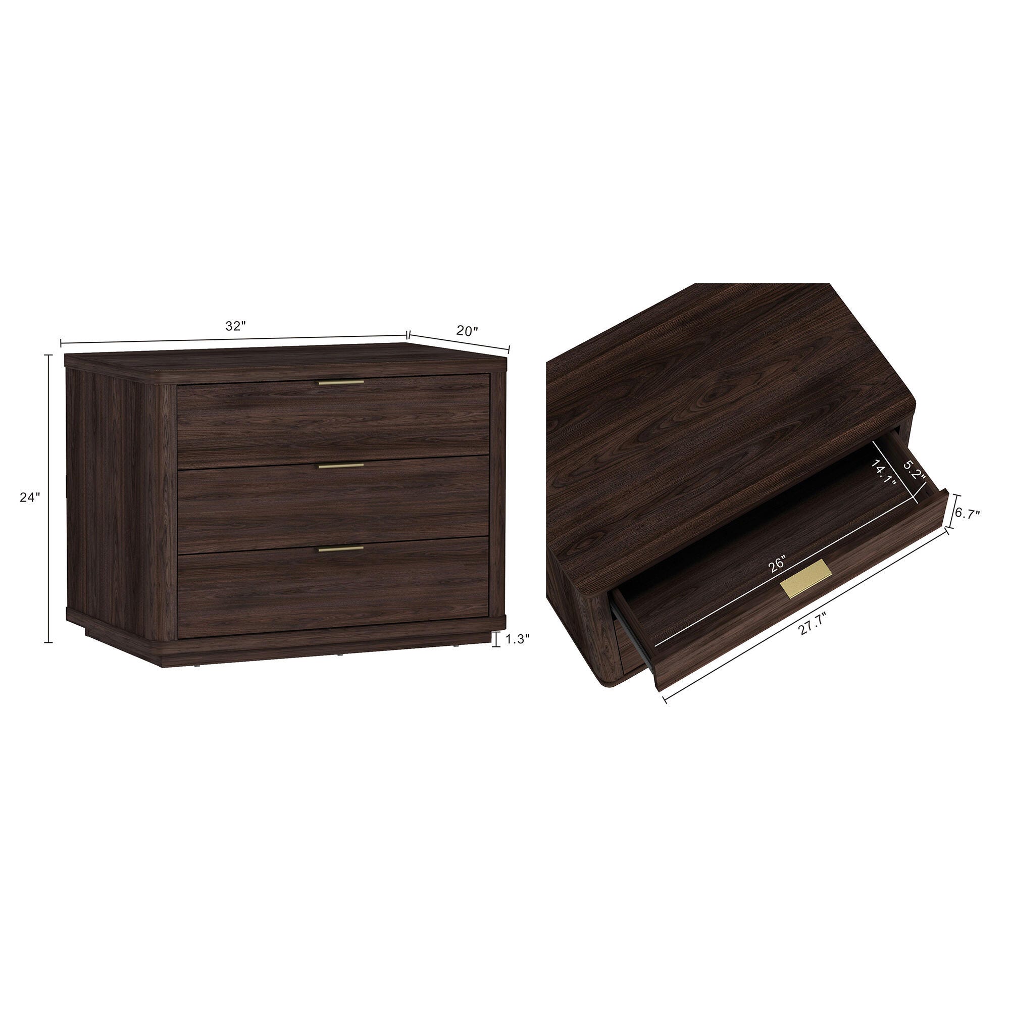Manhattan Comfort Evelyn 32" 3 Drawers Nightstand, Brown, large