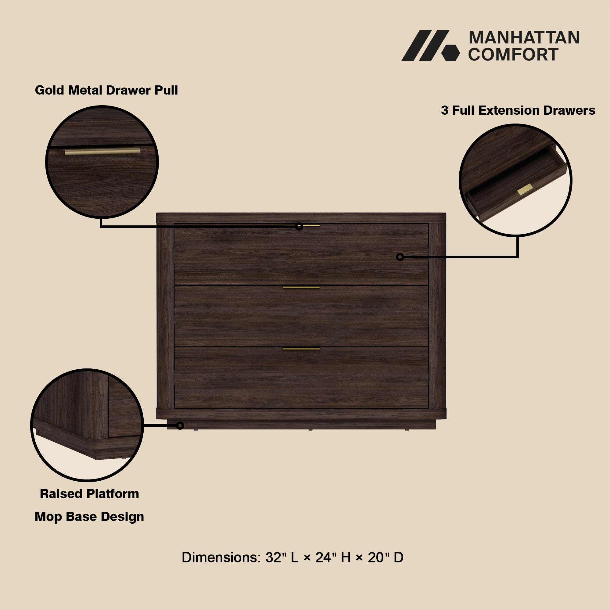 Manhattan Comfort Evelyn 32" 3 Drawers Nightstand, Brown, large
