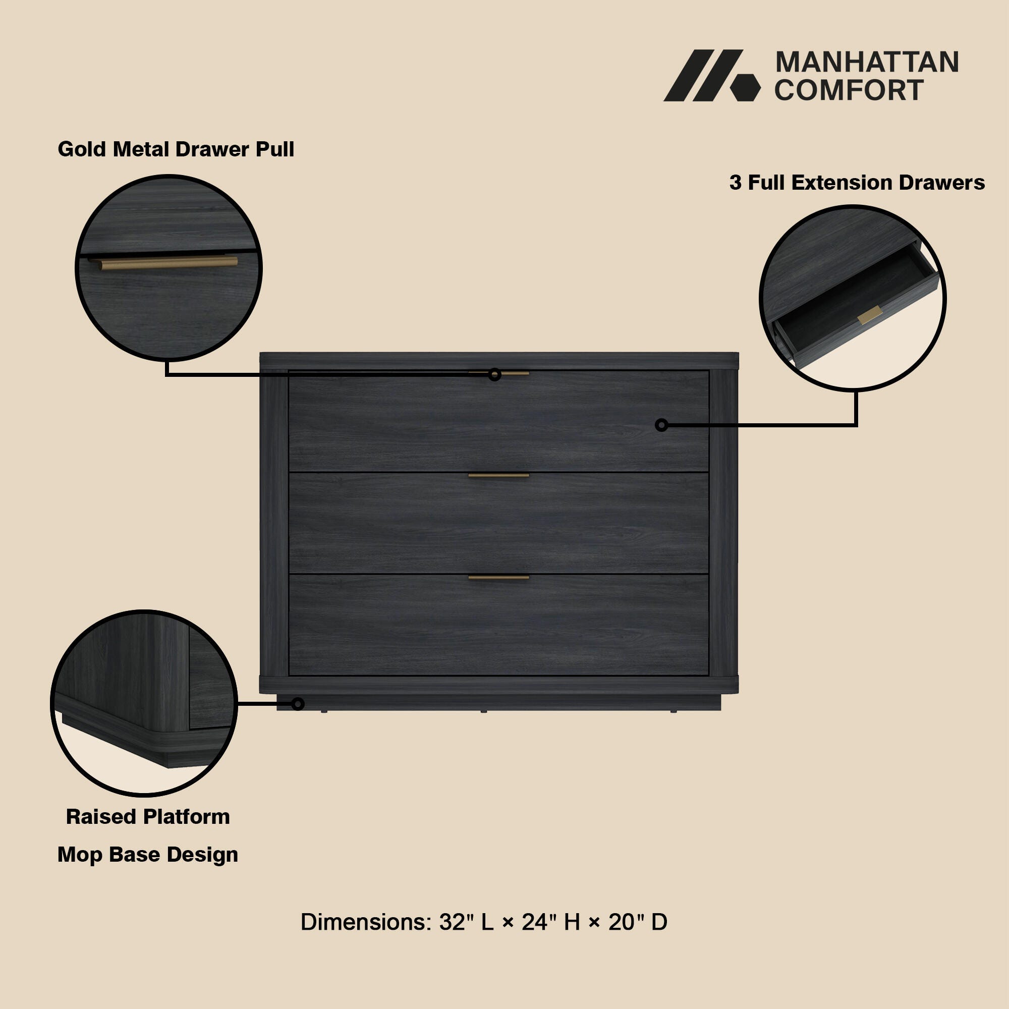 Manhattan Comfort Evelyn 32" 3 Drawers Nightstand, Charcoal Gray, large