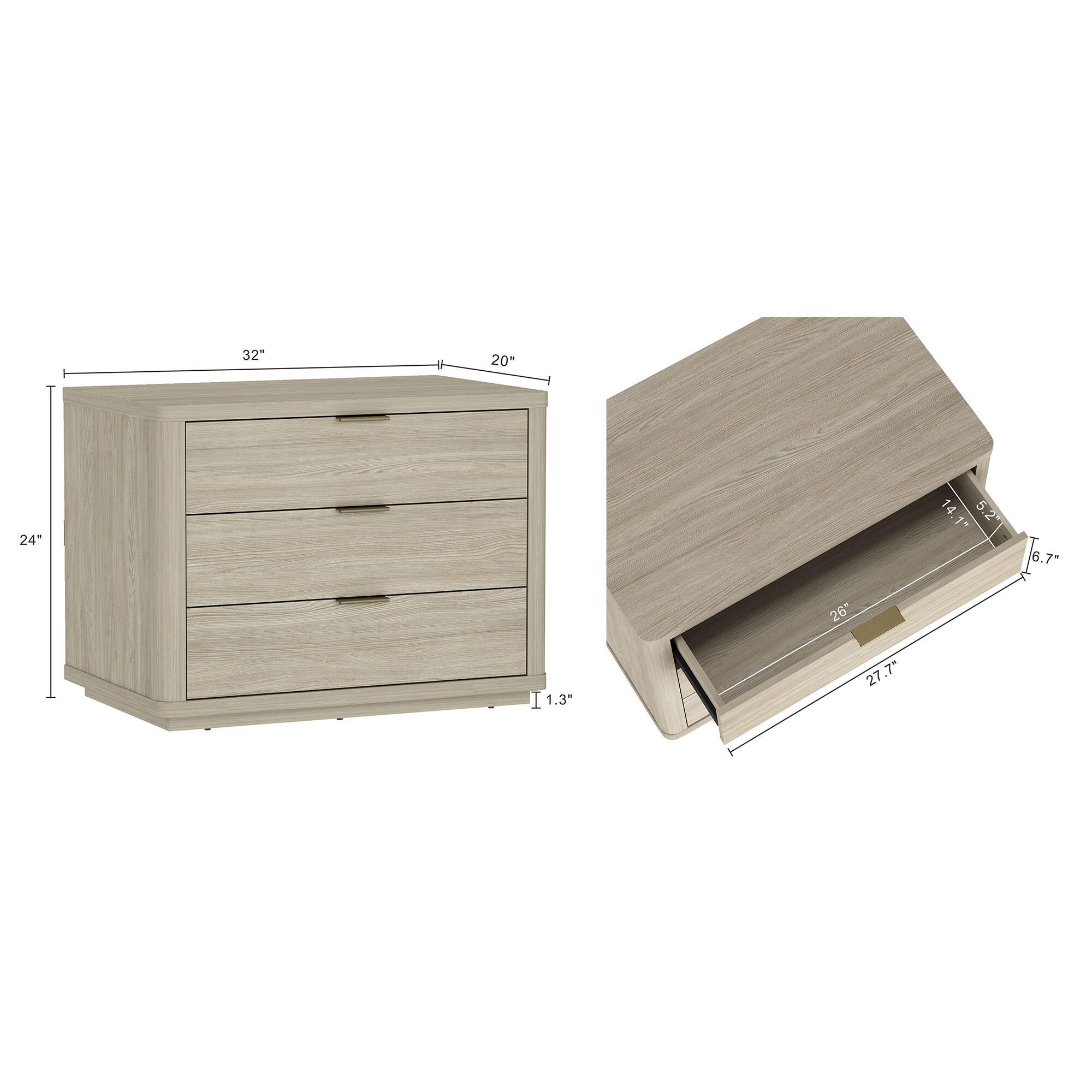 Manhattan Comfort Evelyn 32" 3 Drawers Nightstand, Natural, large
