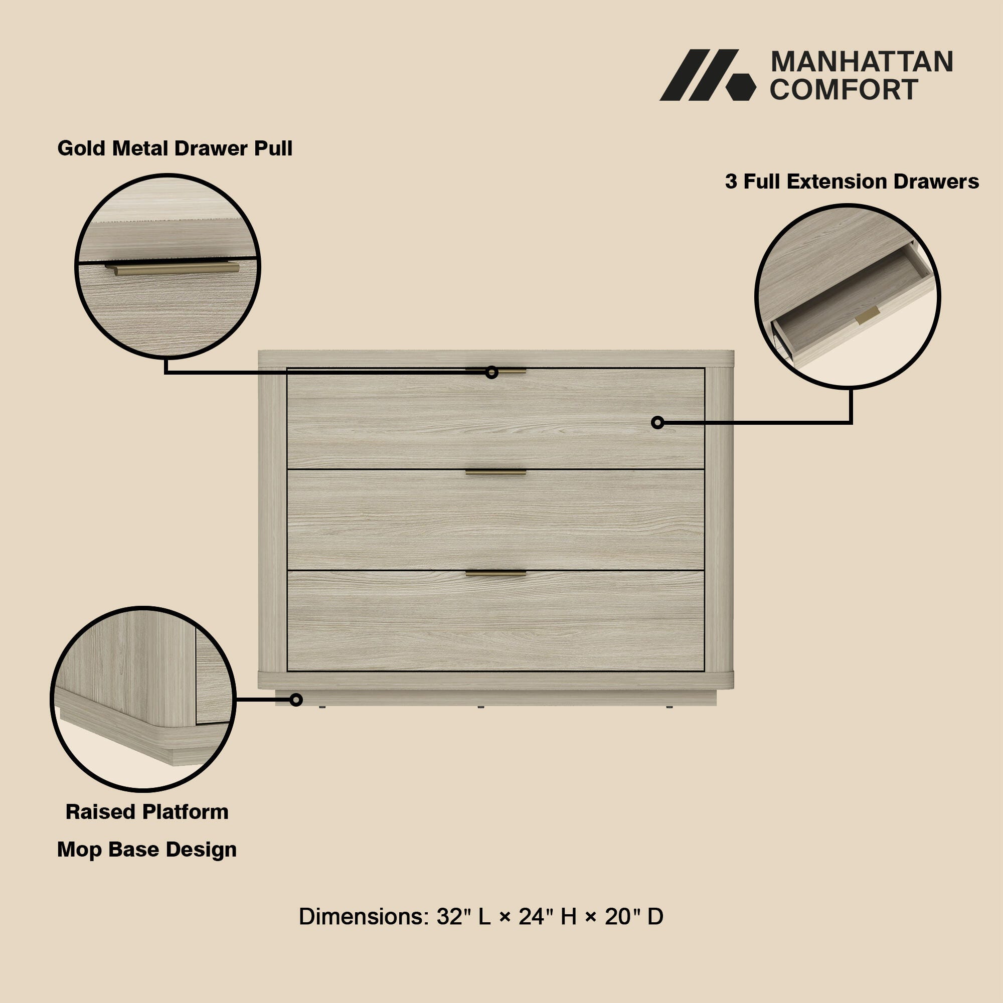 Manhattan Comfort Evelyn 32" 3 Drawers Nightstand, Natural, large
