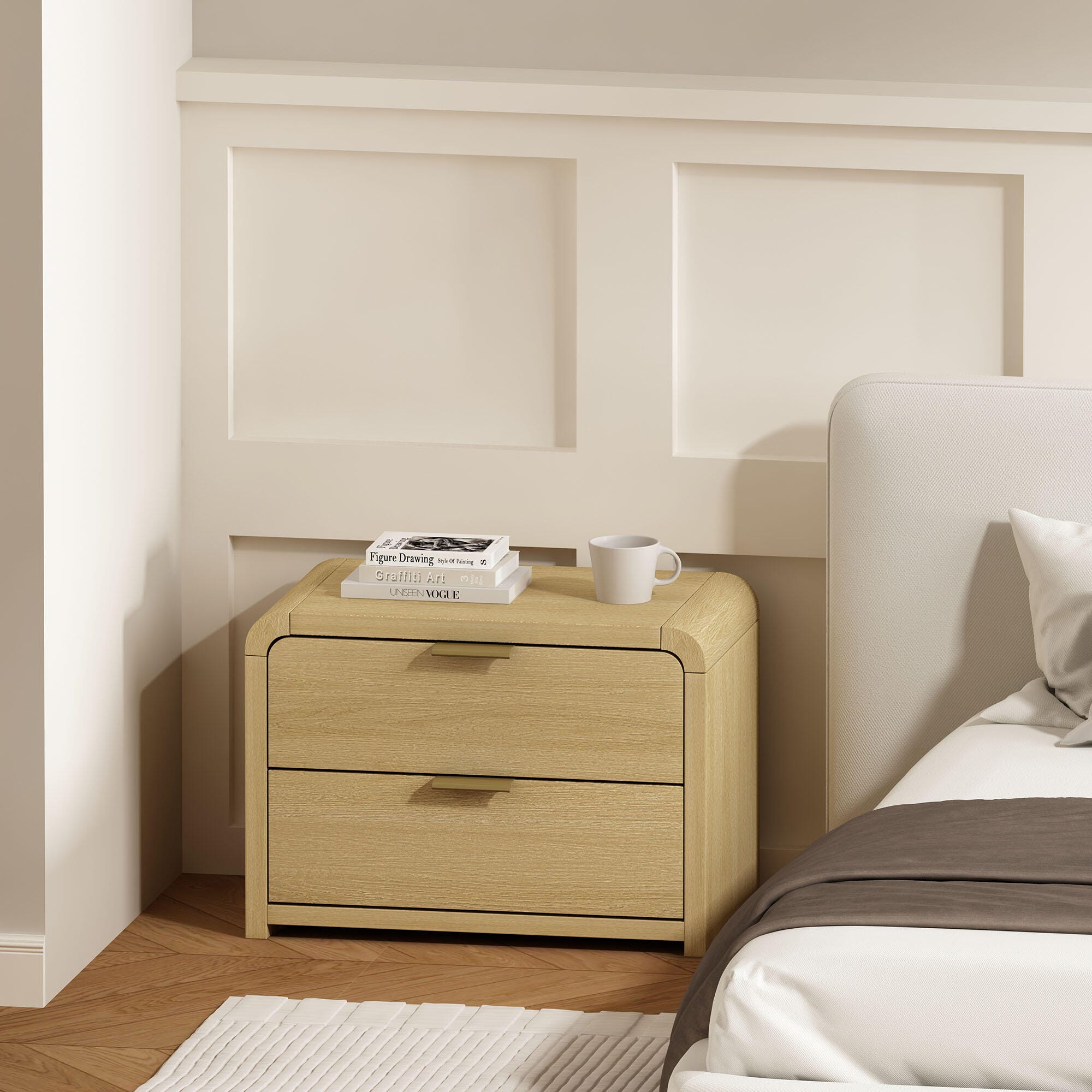 Manhattan Comfort Grace 28" 2 Drawers Nightstand, Natural/Gold, large