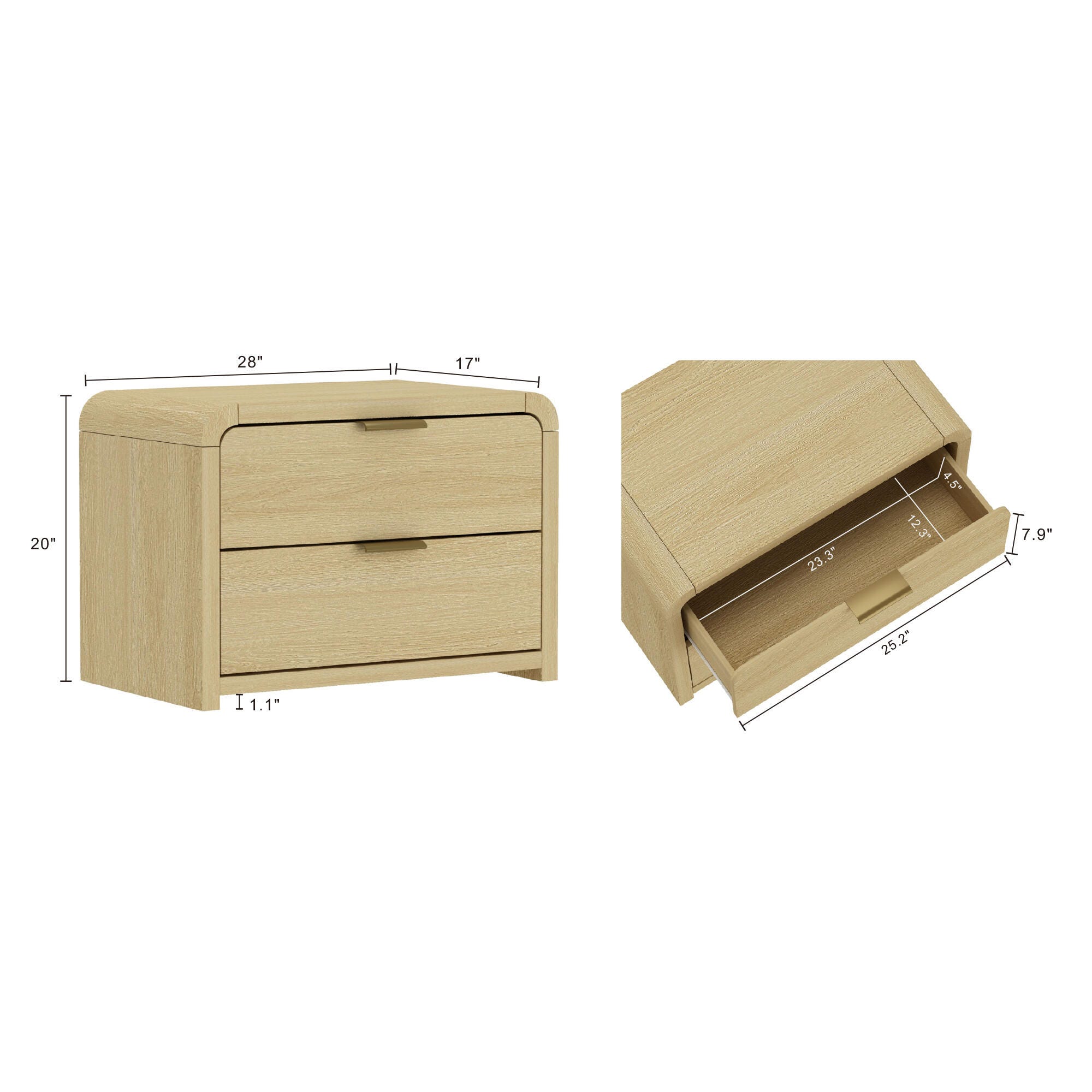 Manhattan Comfort Grace 28" 2 Drawers Nightstand, Natural/Gold, large
