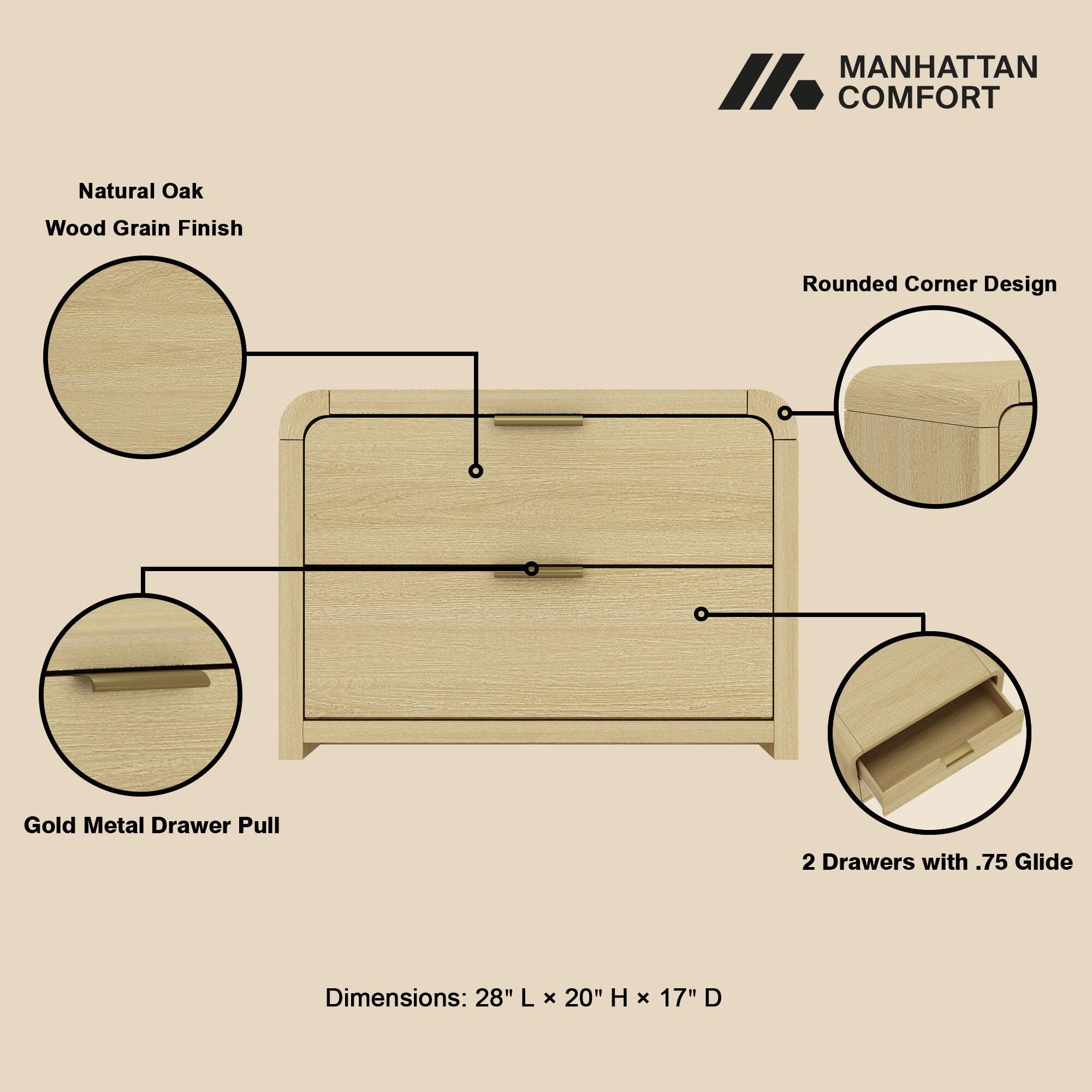 Manhattan Comfort Grace 28" 2 Drawers Nightstand, Natural/Gold, large