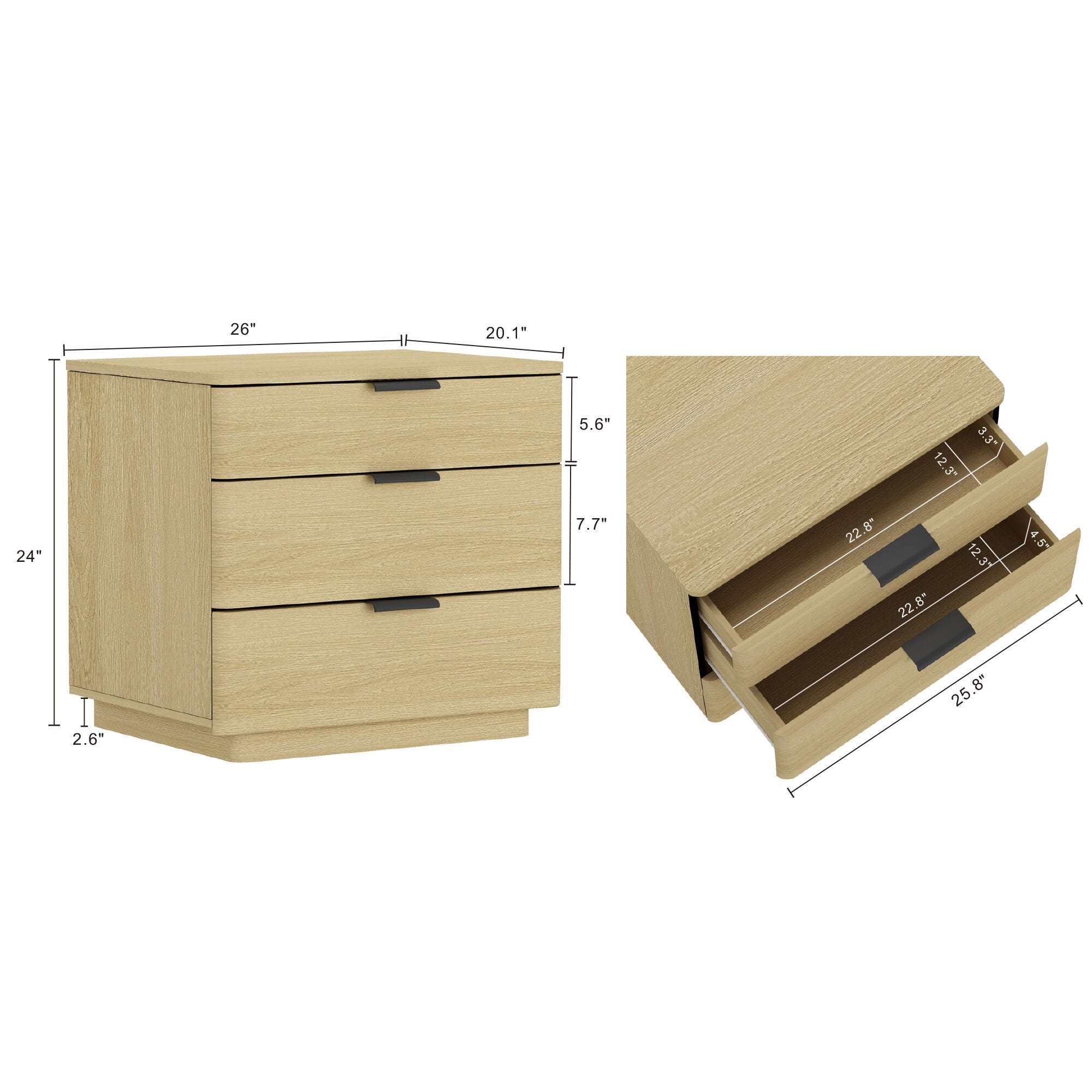 Manhattan Comfort Payton 26" 3 Drawers Nightstand, Natural/Black, large