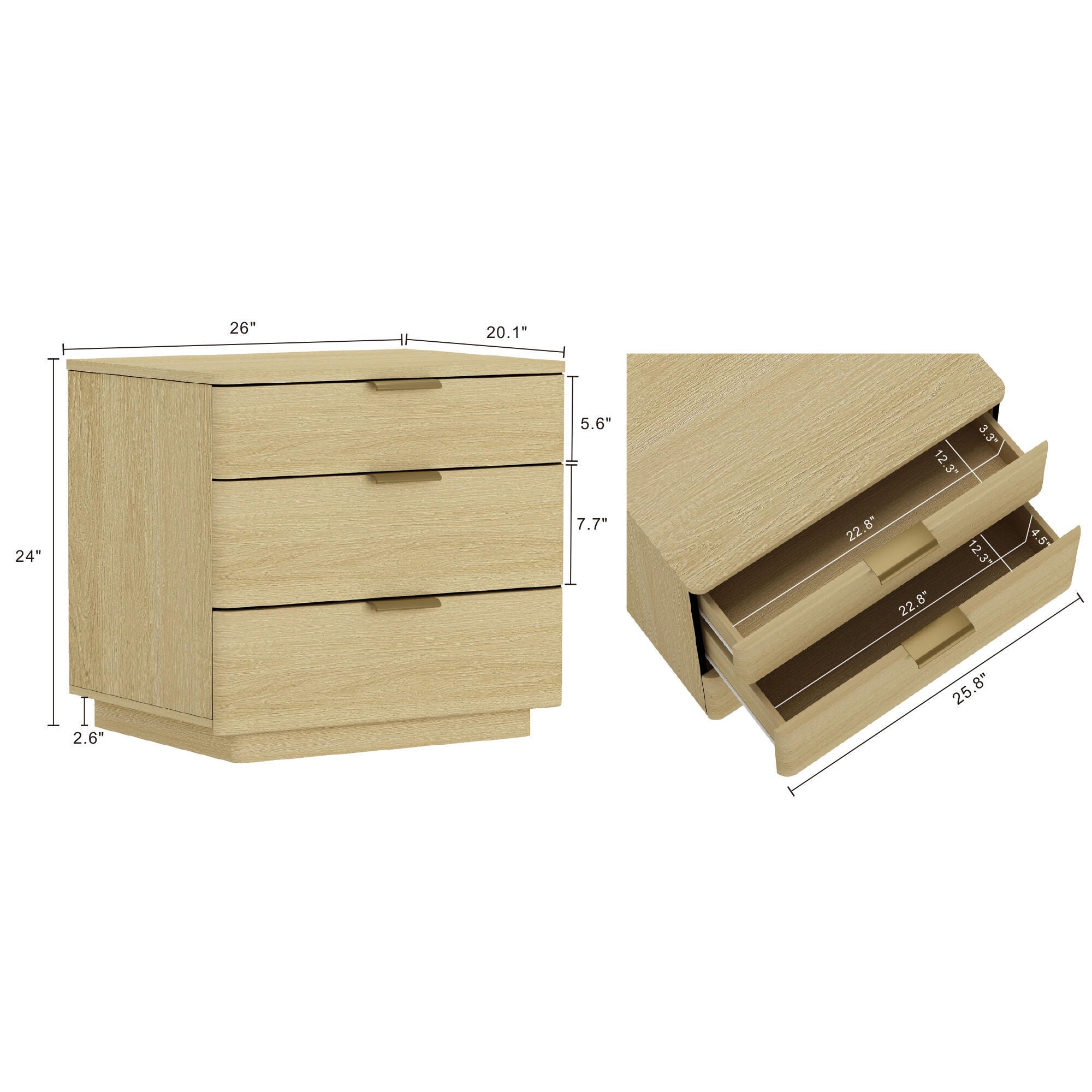 Manhattan Comfort Payton 26" 3 Drawers Nightstand, Natural/Gold, large
