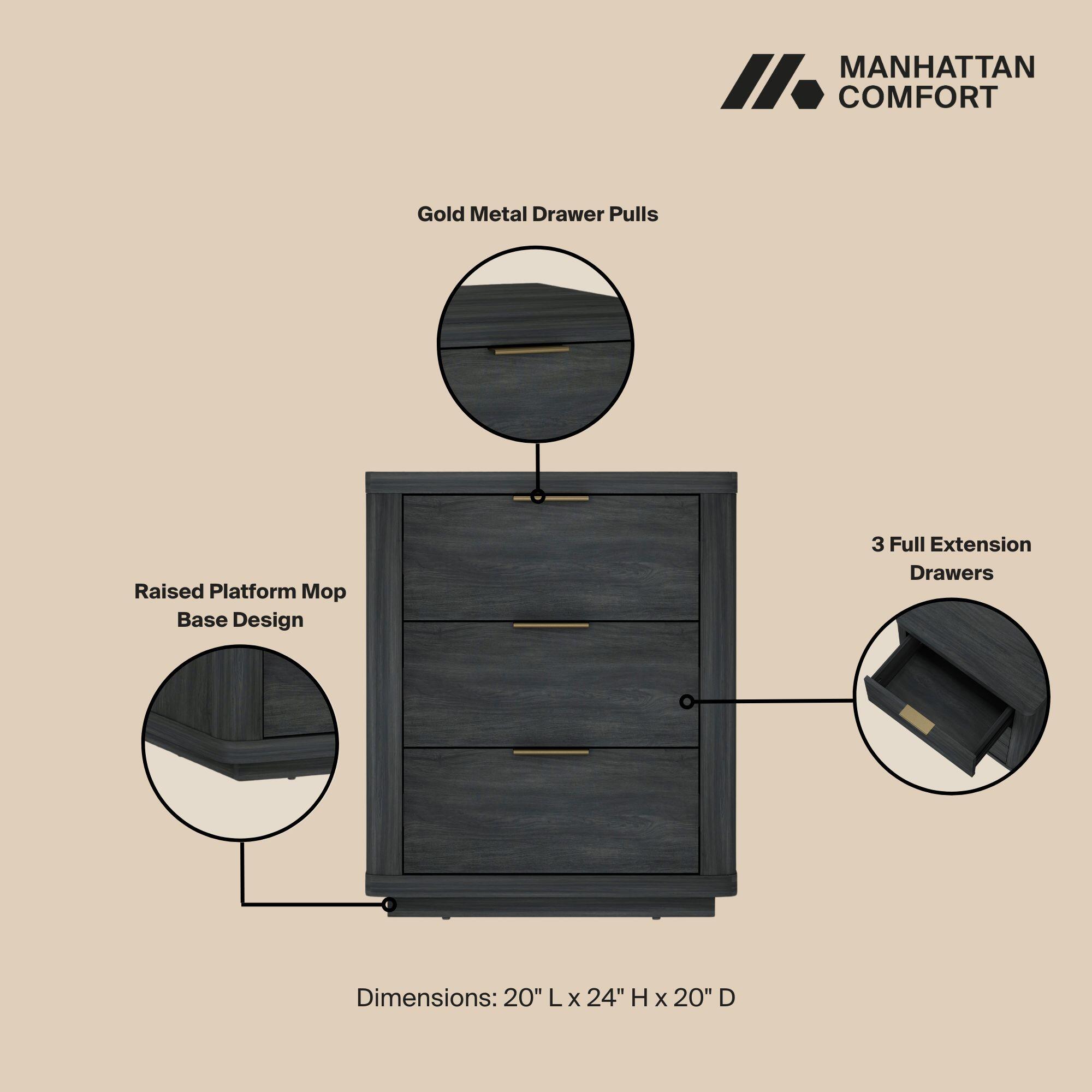 Manhattan Comfort Evelyn 20" 3 Drawer Nightstand, Gray, large