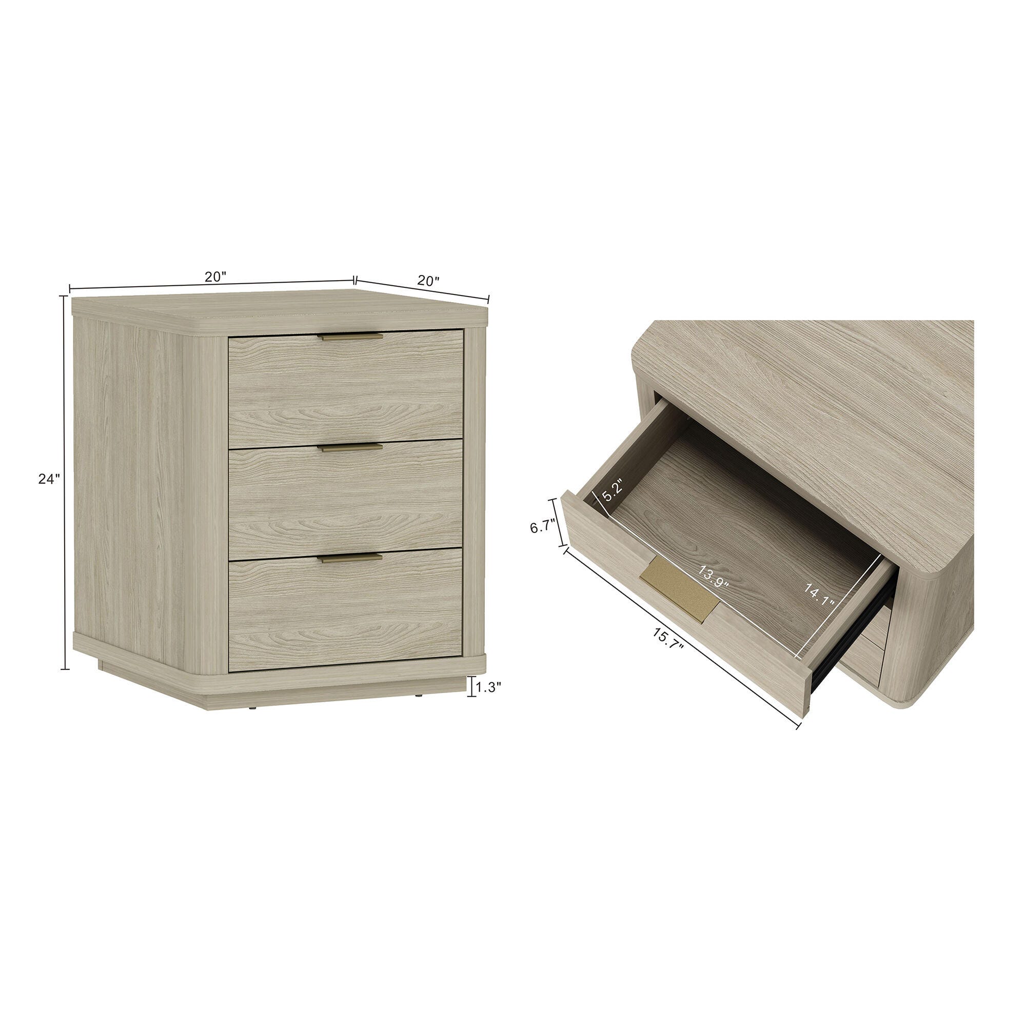 Manhattan Comfort Evelyn 20" 3 Drawer Nightstand, Natural, large