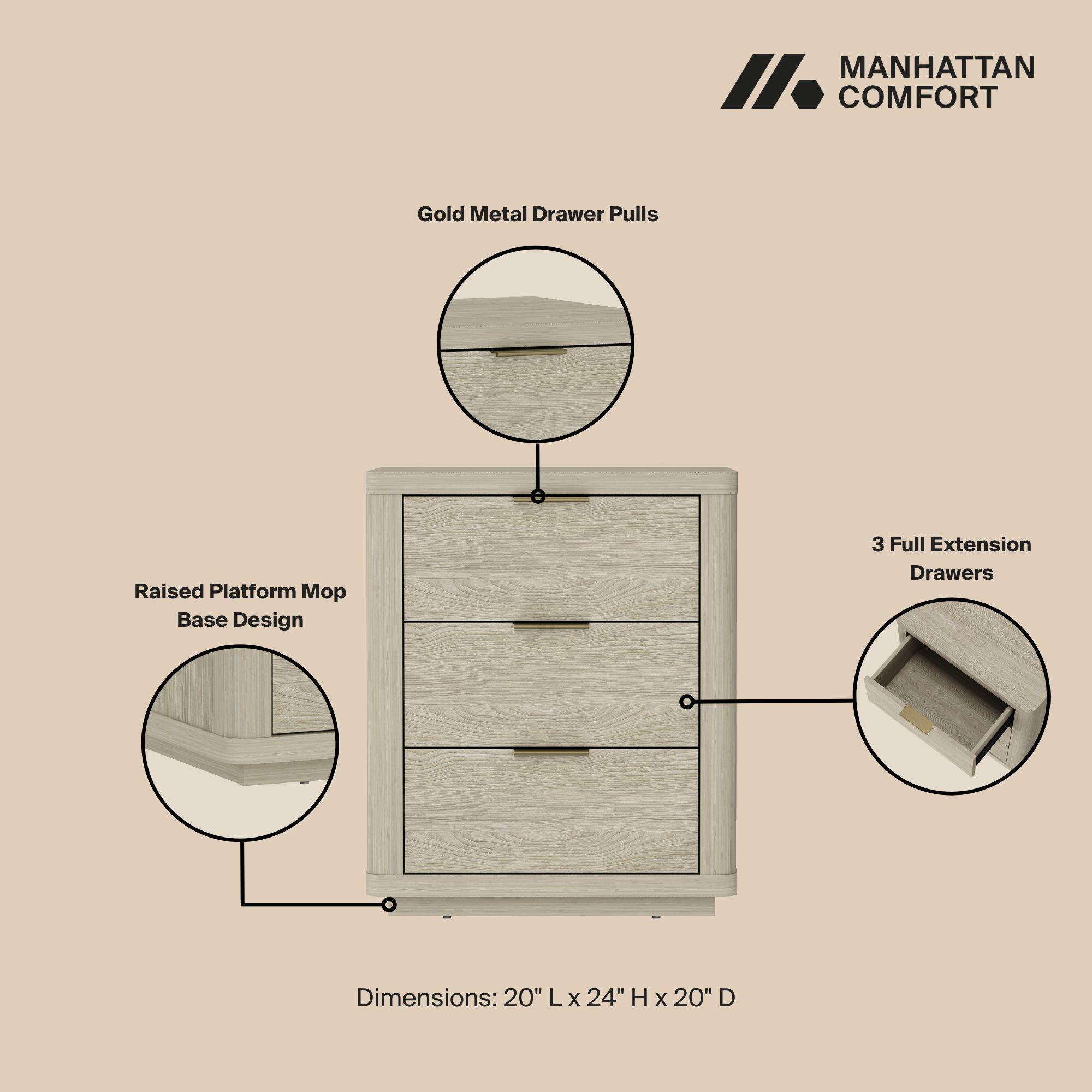 Manhattan Comfort Evelyn 20" 3 Drawer Nightstand, Natural, large