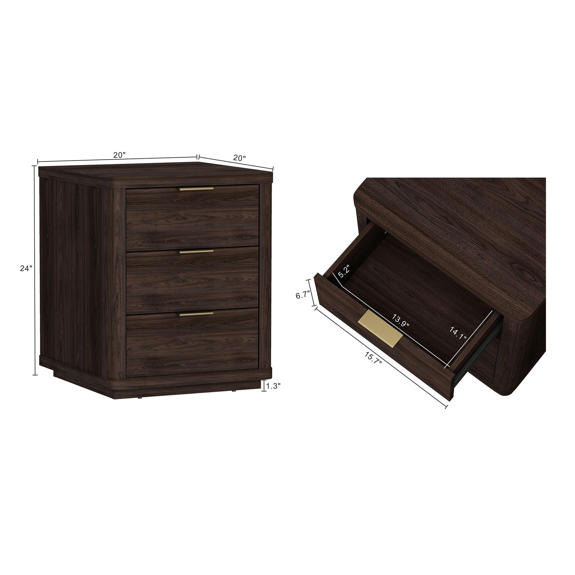 Manhattan Comfort Evelyn 20" 3 Drawer Nightstand, Brown, large