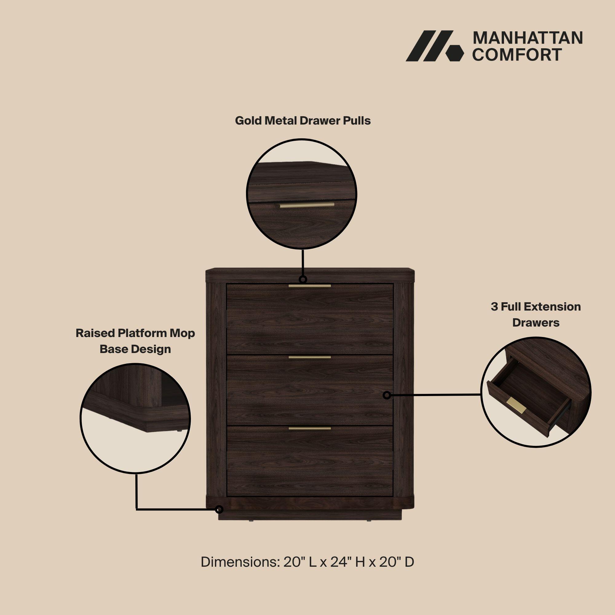 Manhattan Comfort Evelyn 20" 3 Drawer Nightstand, Brown, large