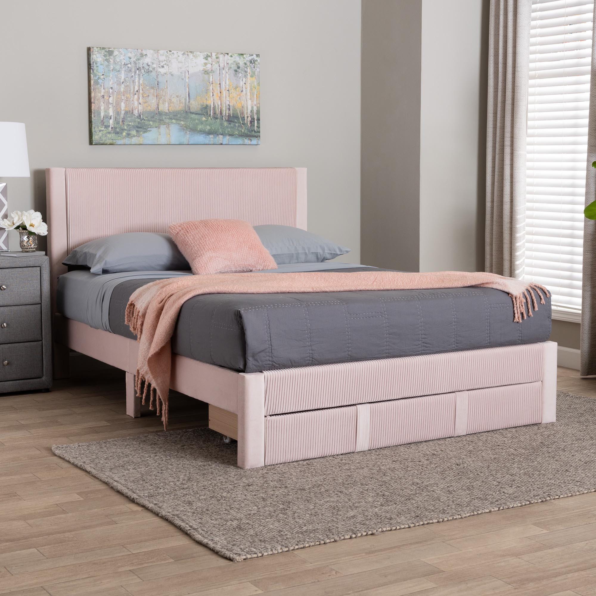 Baxton Studio Elora Queen Platform Bed With 1 Storage, Light Pink, large