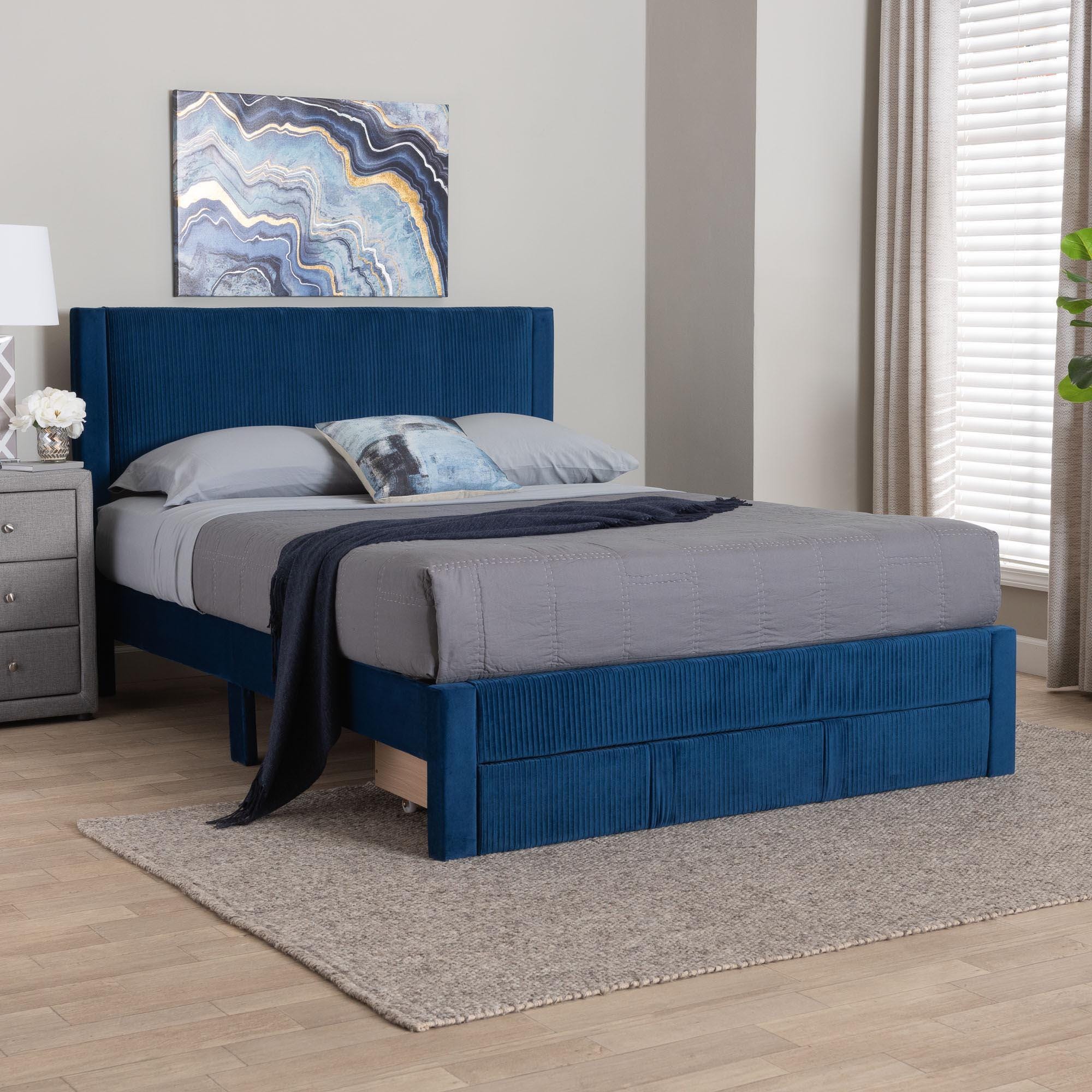 Baxton Studio Elora Queen Platform Bed With 1 Storage, Navy Blue, large