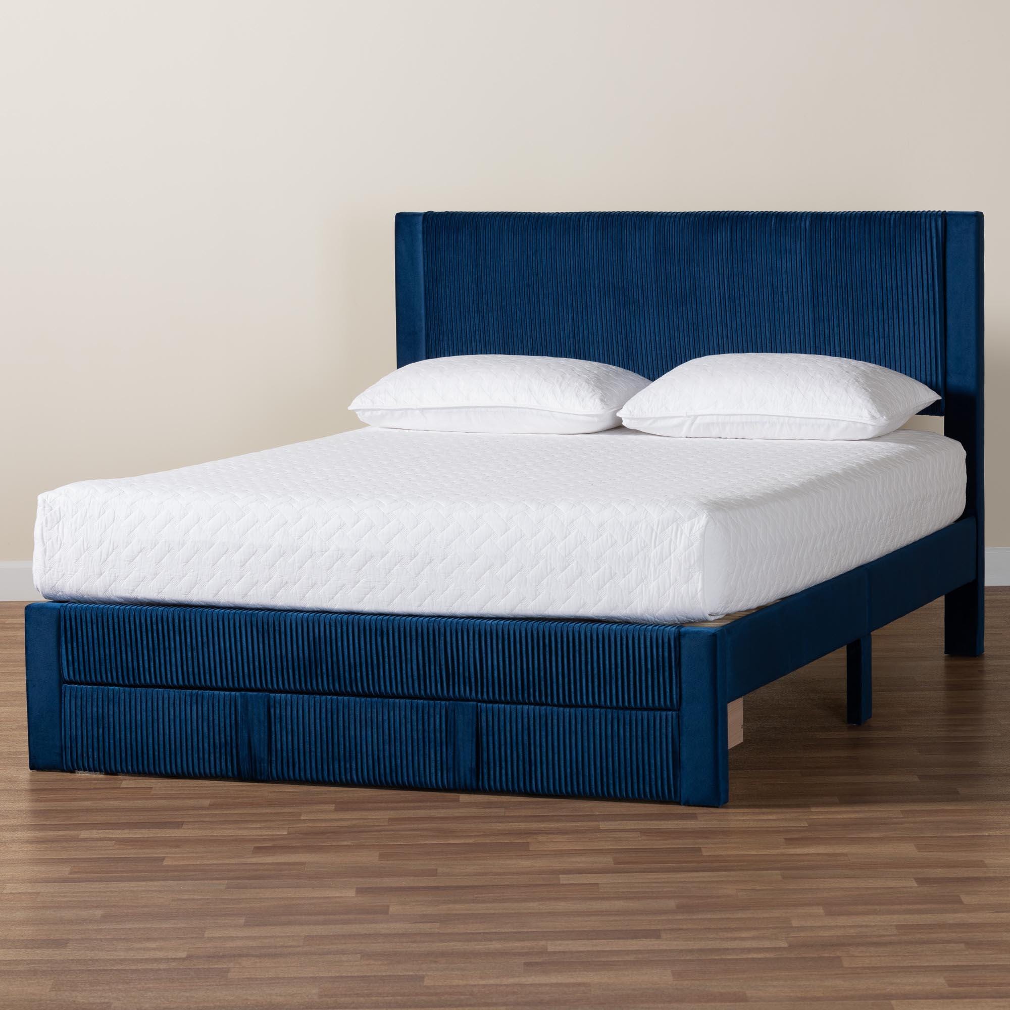 Baxton Studio Elora Queen Platform Bed With 1 Storage, Navy Blue, large