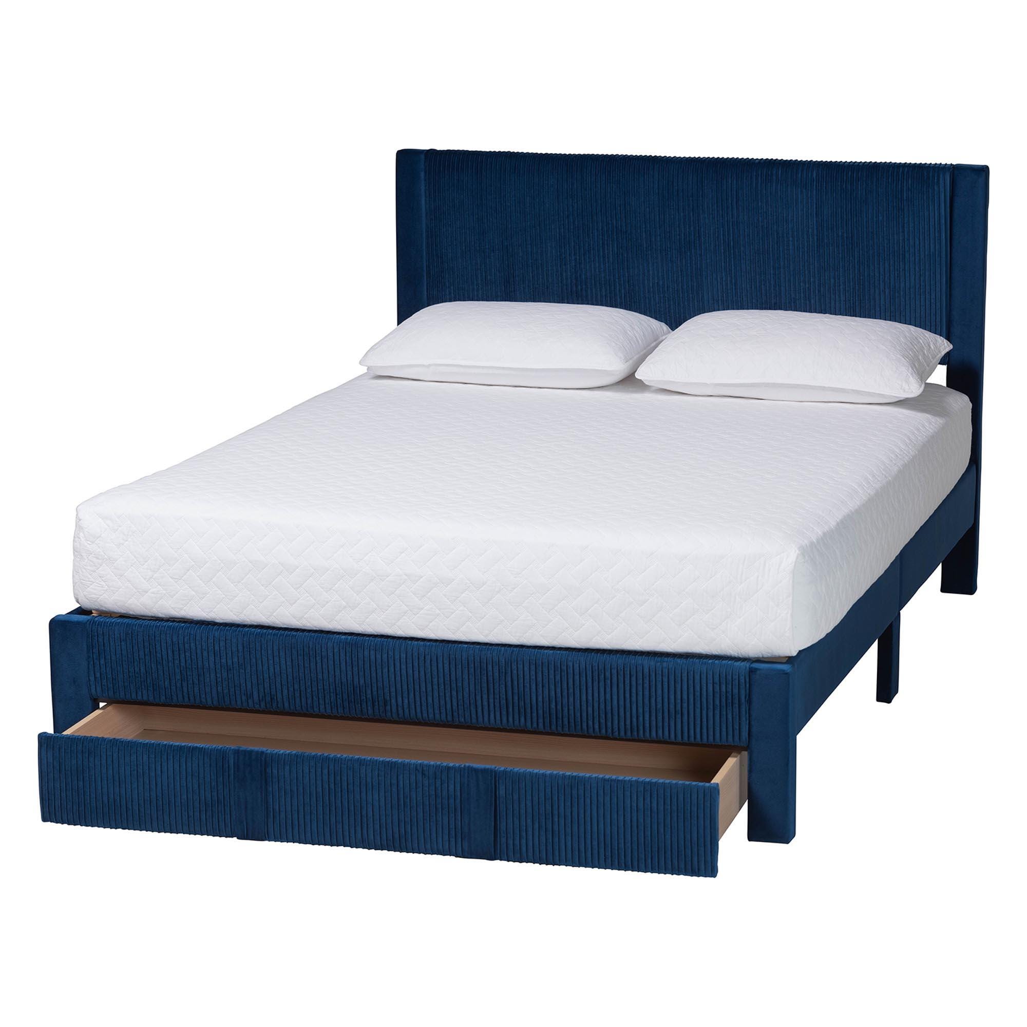 Baxton Studio Elora Queen Platform Bed With 1 Storage, Navy Blue, large