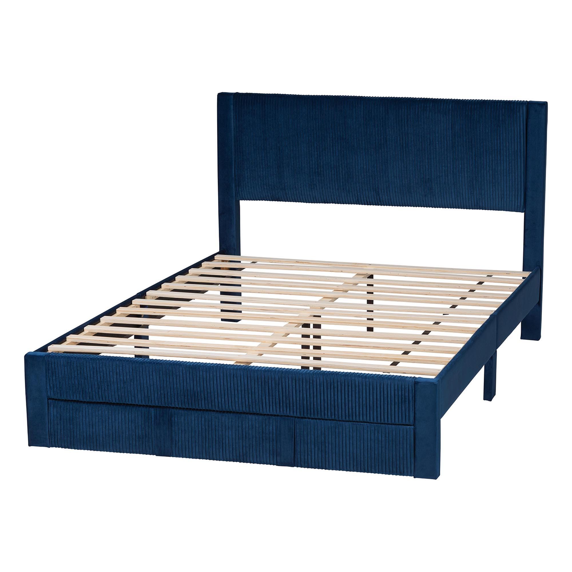 Baxton Studio Elora Queen Platform Bed With 1 Storage, Navy Blue, large