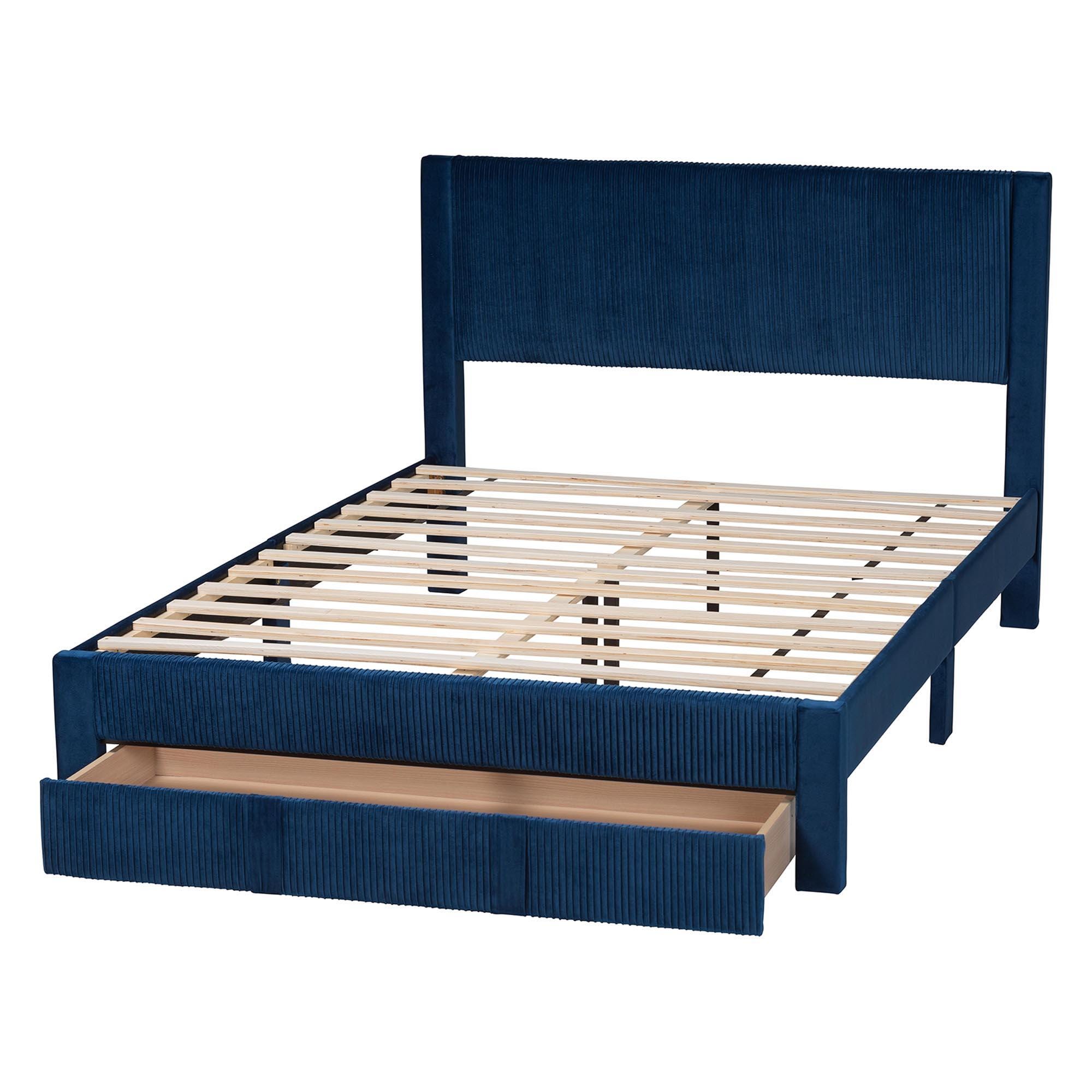 Baxton Studio Elora Queen Platform Bed With 1 Storage, Navy Blue, large