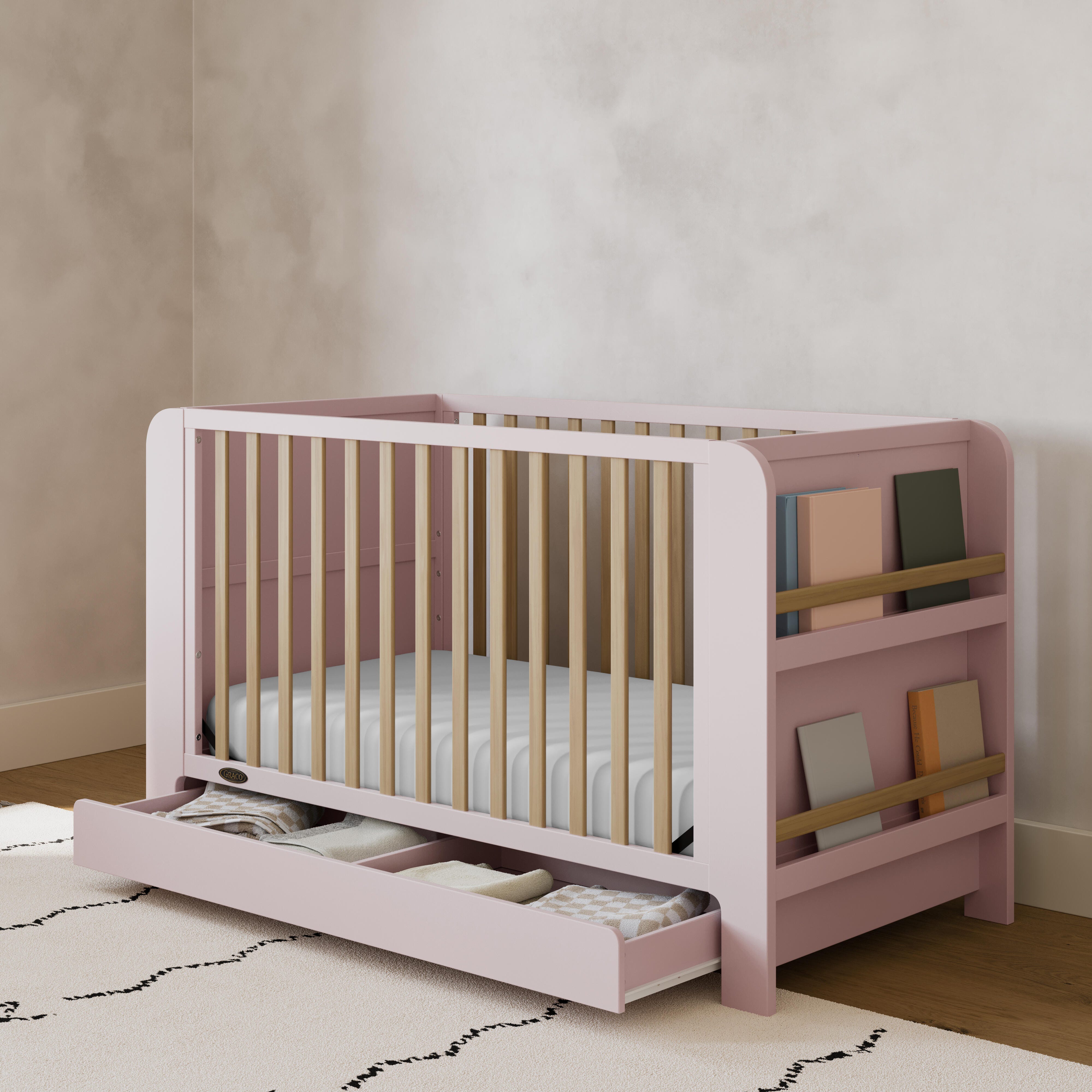 Graco Read-with-Me 4-in-1 Convertible Crib with Storage Drawer, Blush/Driftwood, large