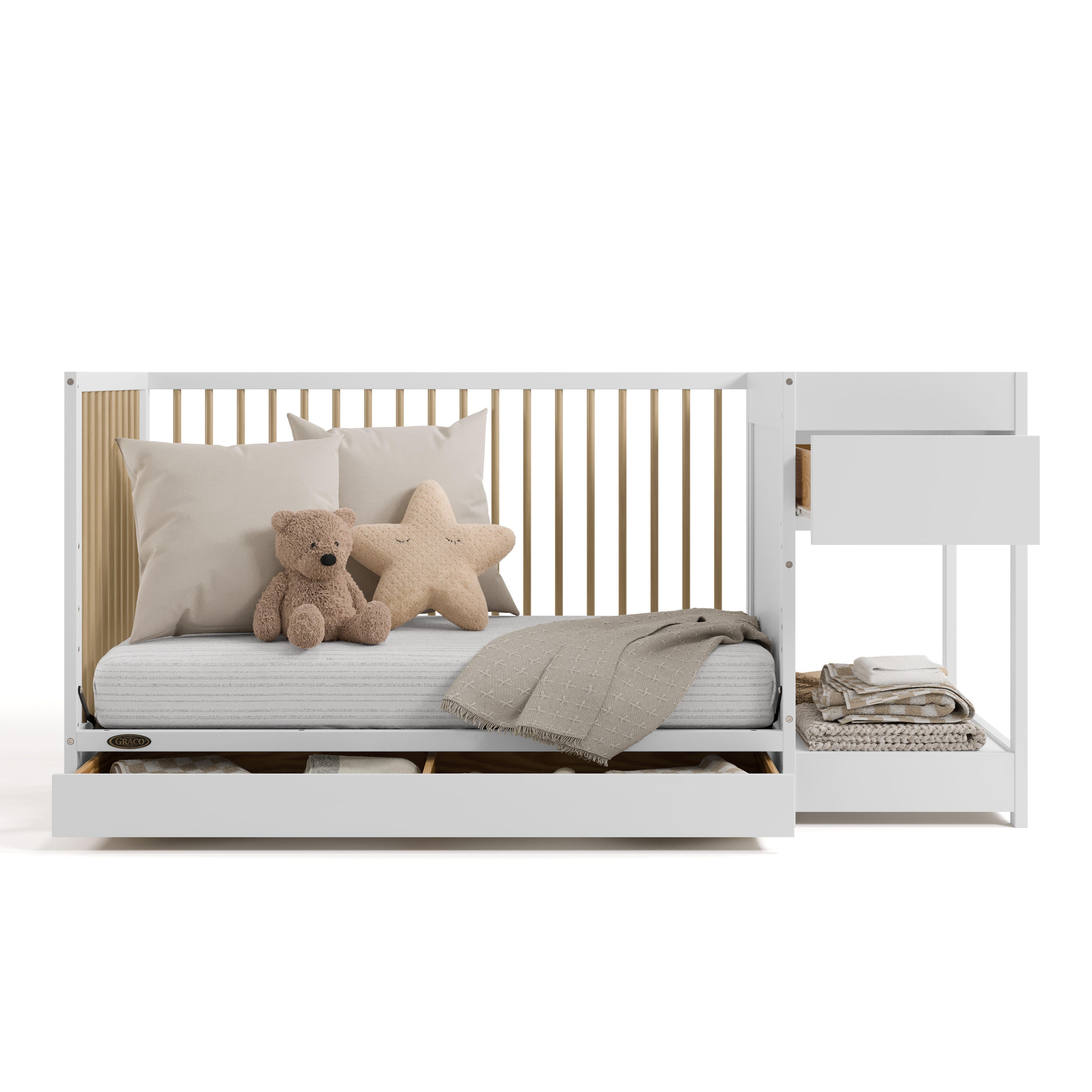 Graco Teddi 5-in-1 Convertible Crib and Changer with Storage Drawer, White/Driftwood, large