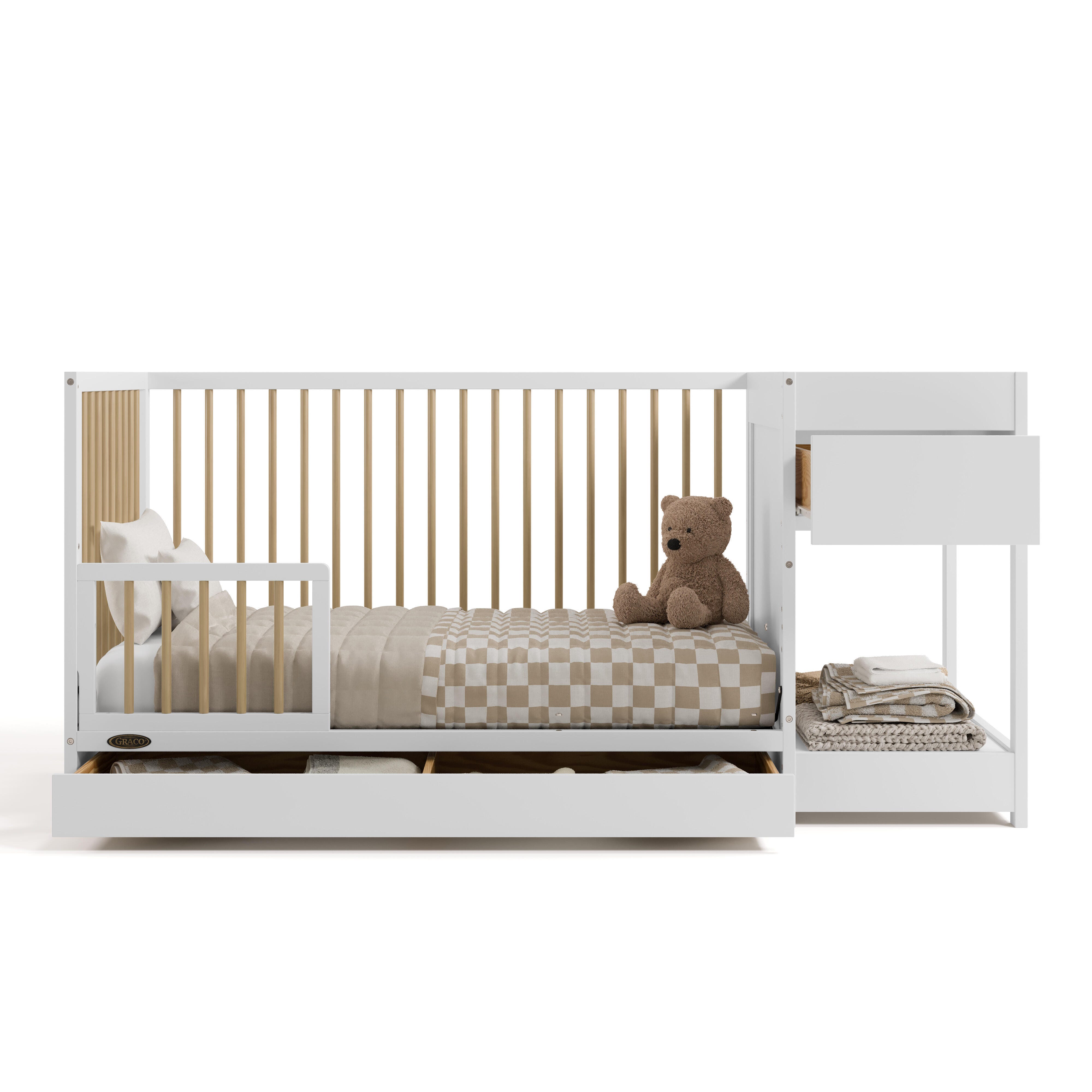 Graco Teddi 5-in-1 Convertible Crib and Changer with Storage Drawer, White/Driftwood, large