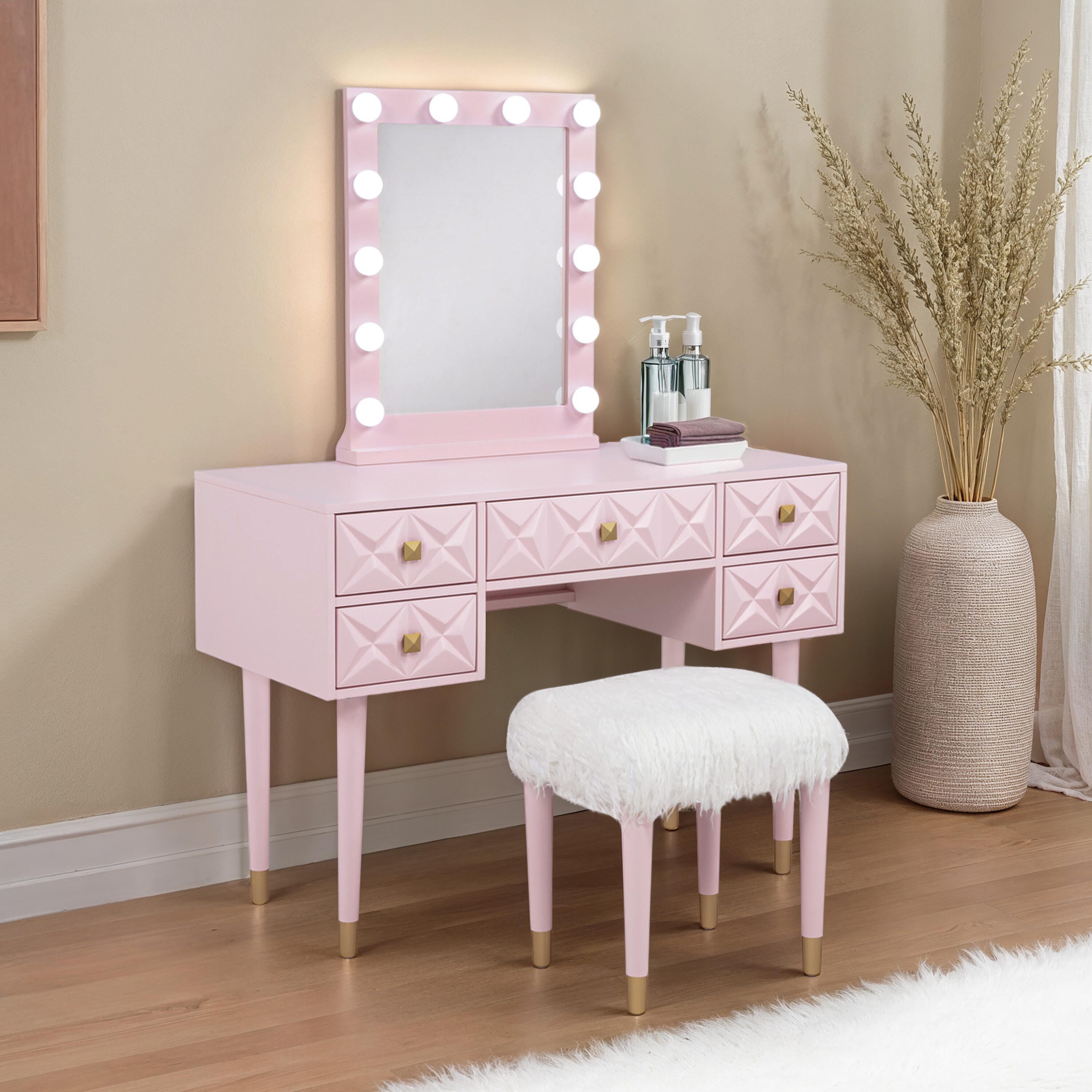 Linon Vanity Set with Stool, Pink, large
