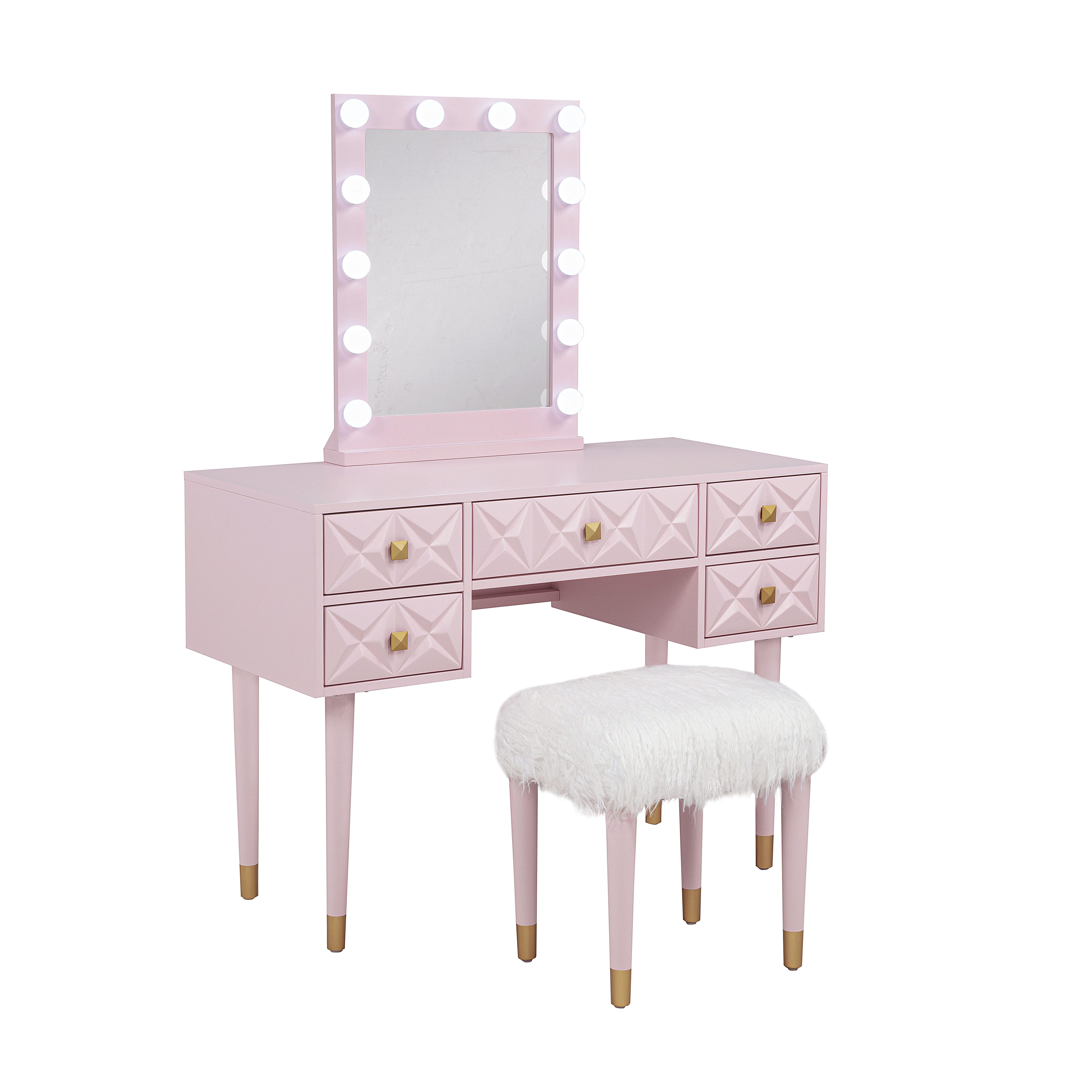 Linon Vanity Set with Stool, Pink, large