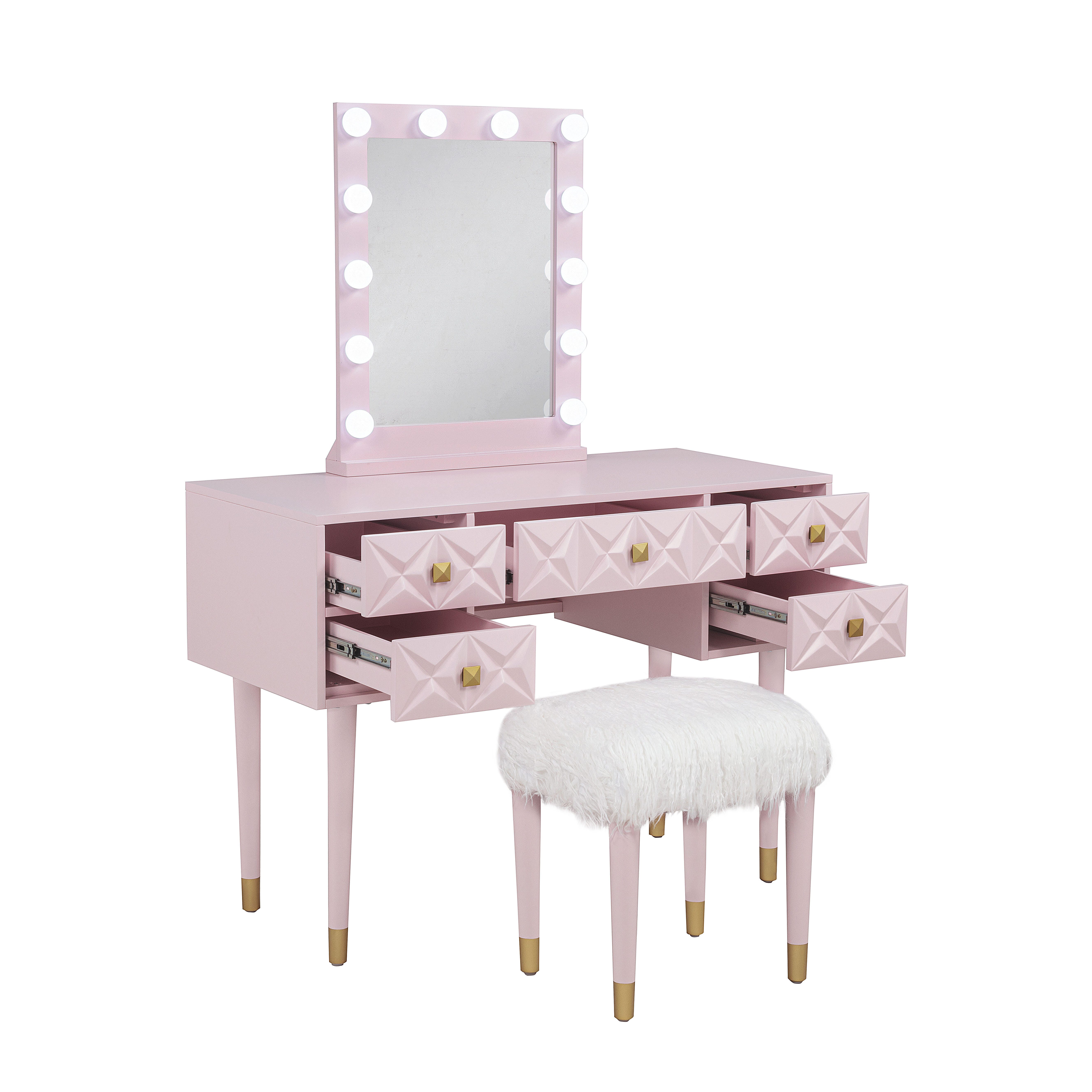 Linon Vanity Set with Stool, Pink, large
