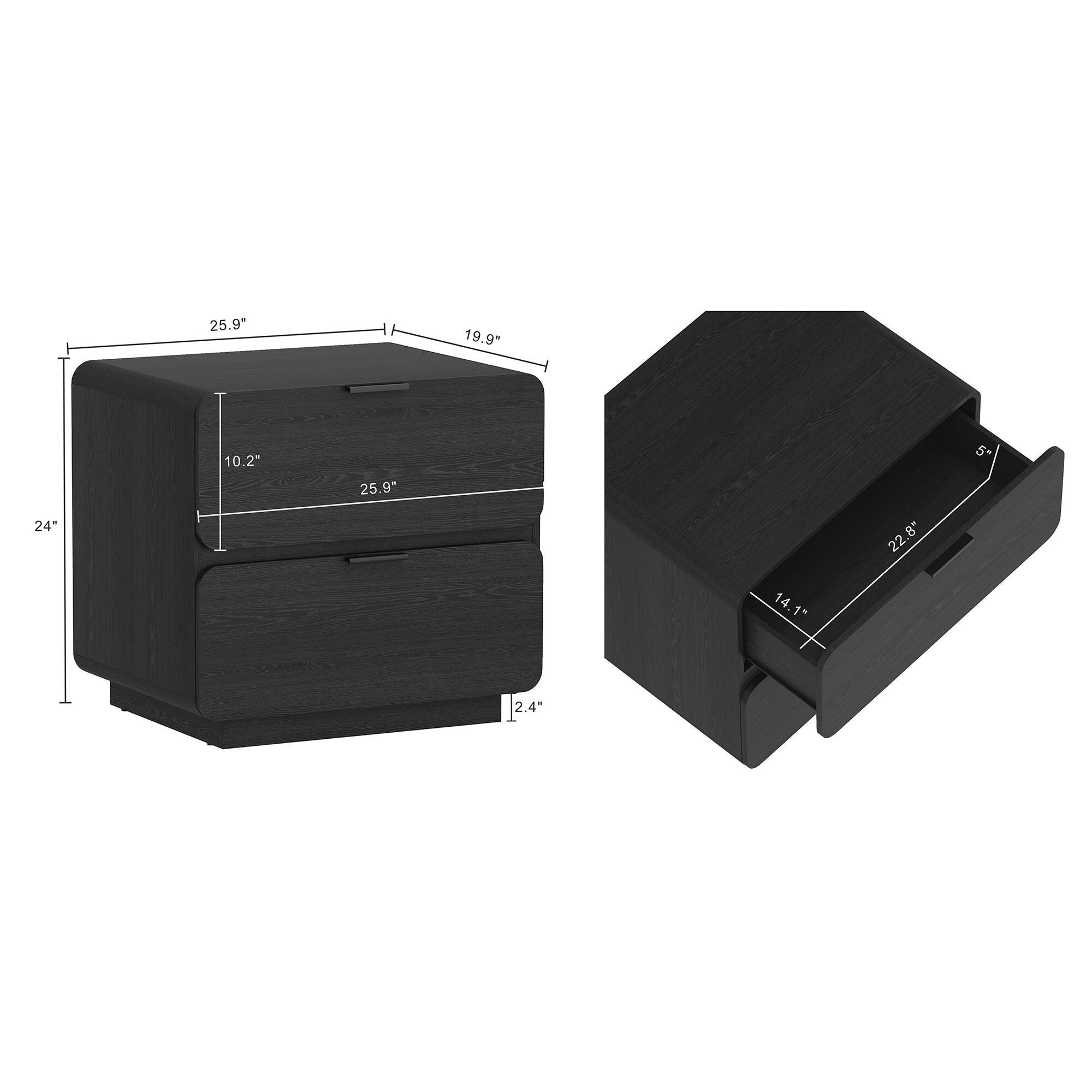 Manhattan Comfort Chrystie 26" 2 Drawer Nightstand, Black, large