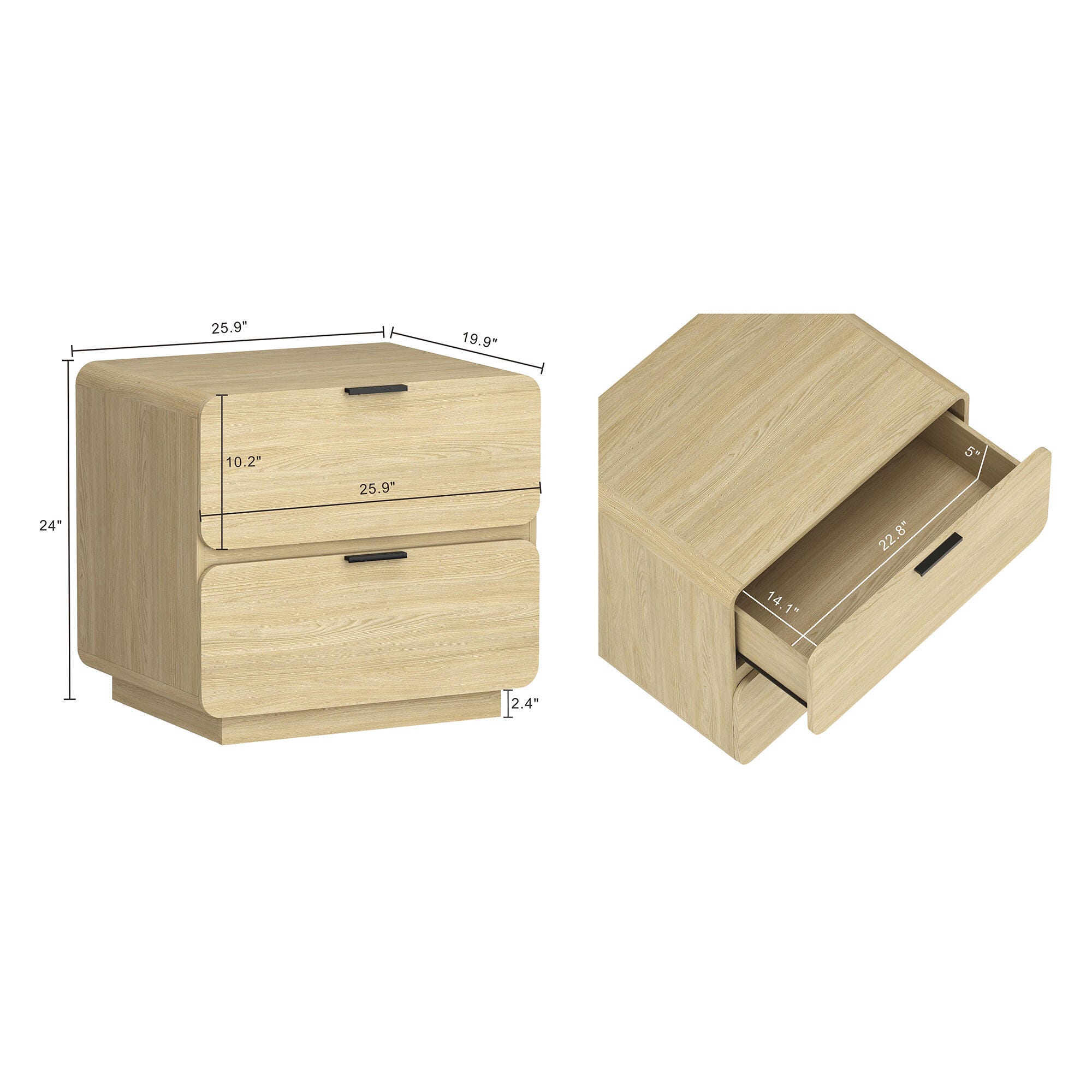 Manhattan Comfort Chrystie 26" 2 Drawer Nightstand, Natural, large