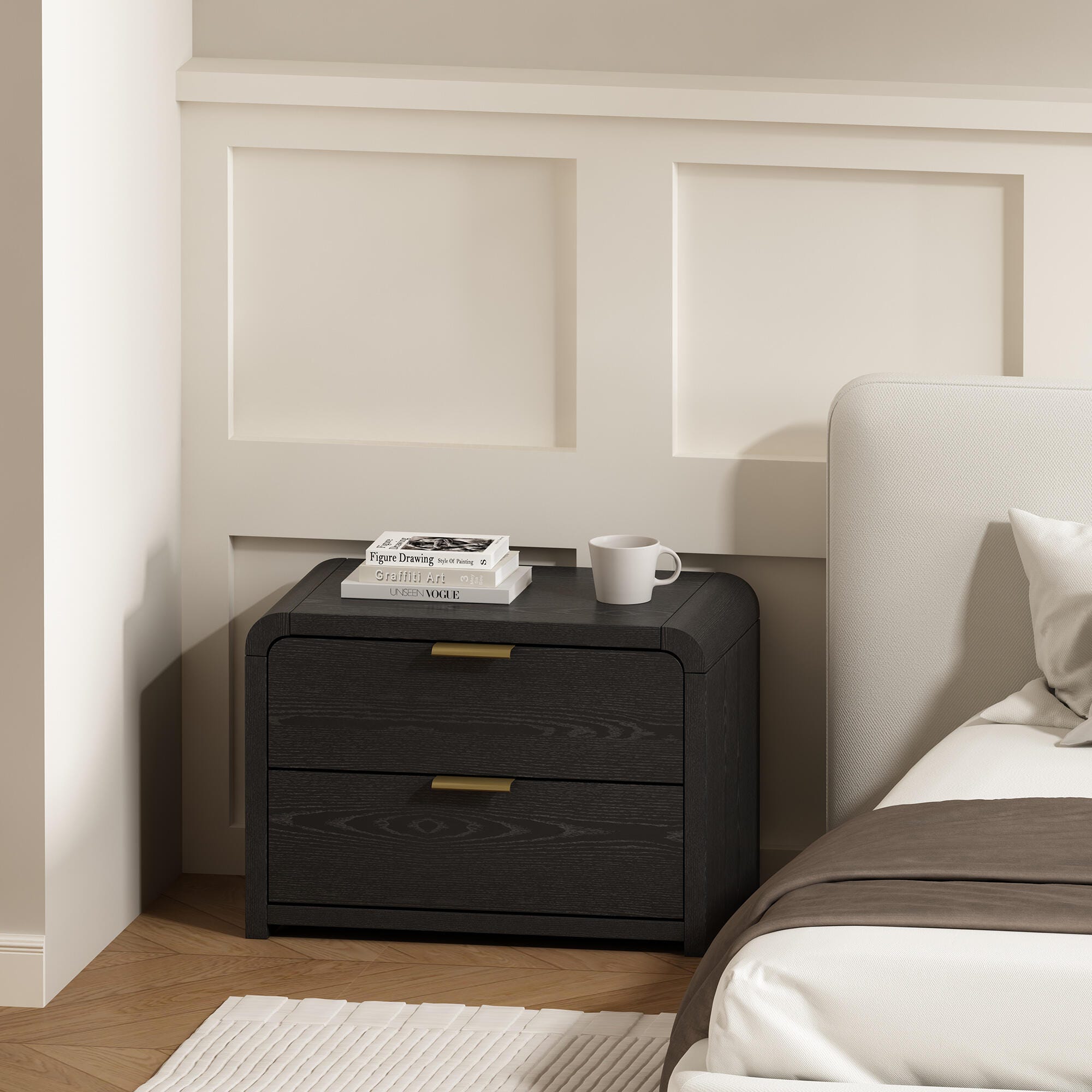 Manhattan Comfort Grace 28" 2 Drawer Nightstand, Black/Gold, large