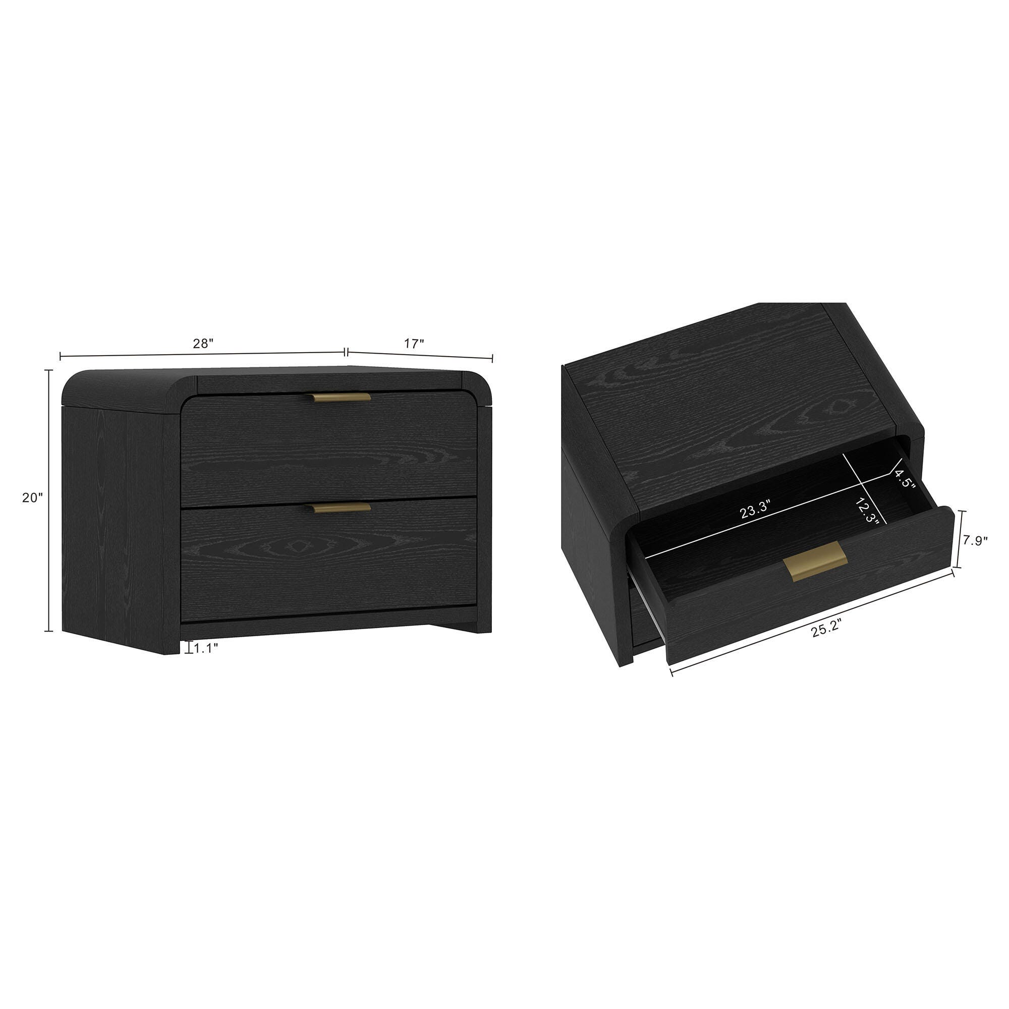 Manhattan Comfort Grace 28" 2 Drawer Nightstand, Black/Gold, large